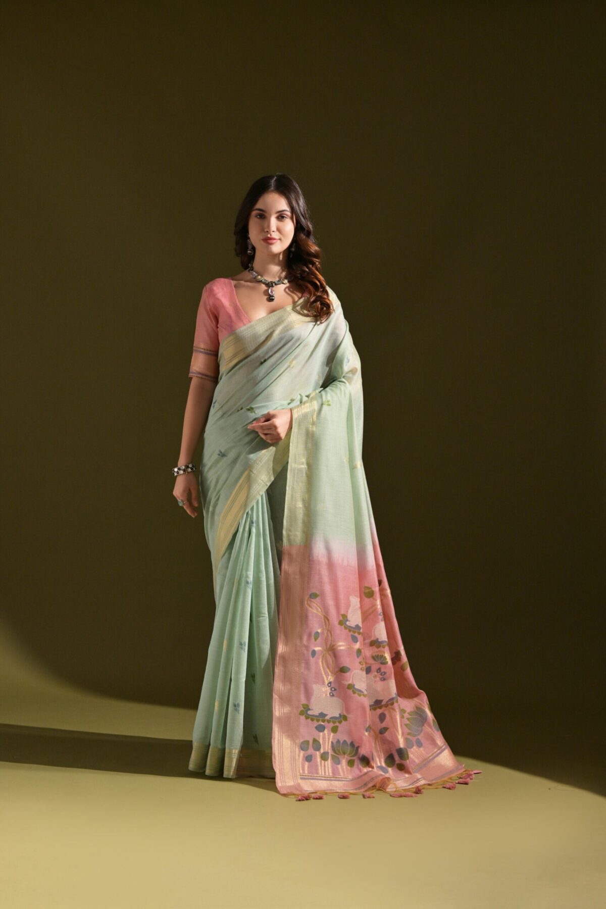 Women's Sky Blue Soft Muga Cotton Resham Zari Weaving Traditional Saree with Blouse