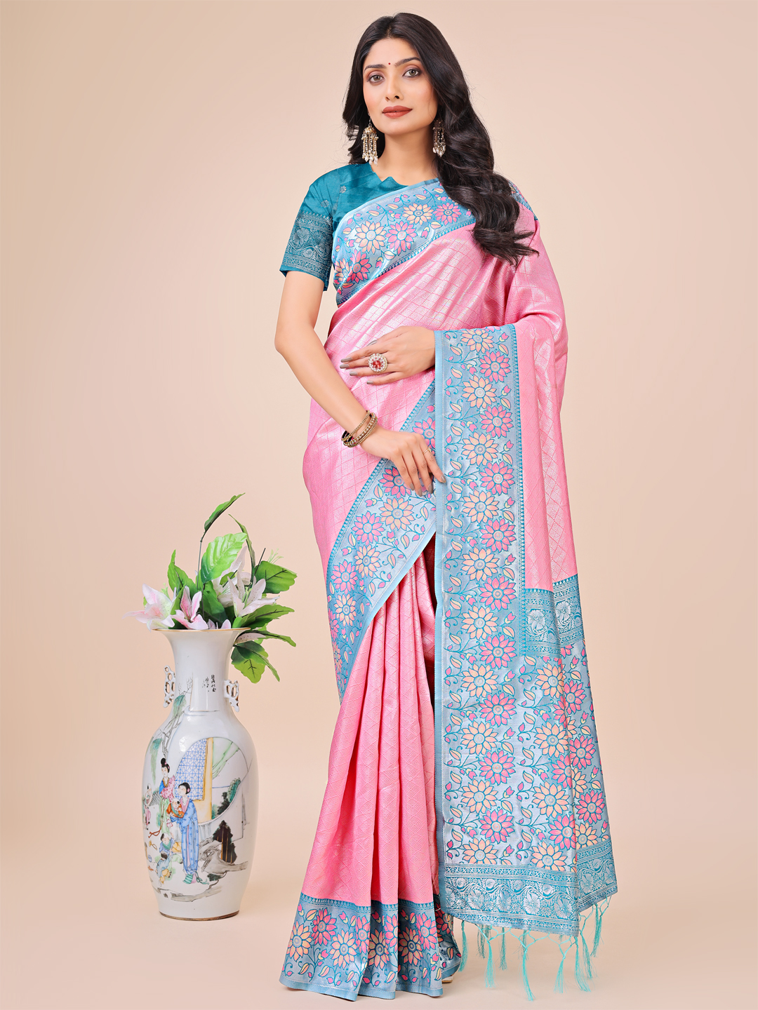 Pink Lichi Silk Saree