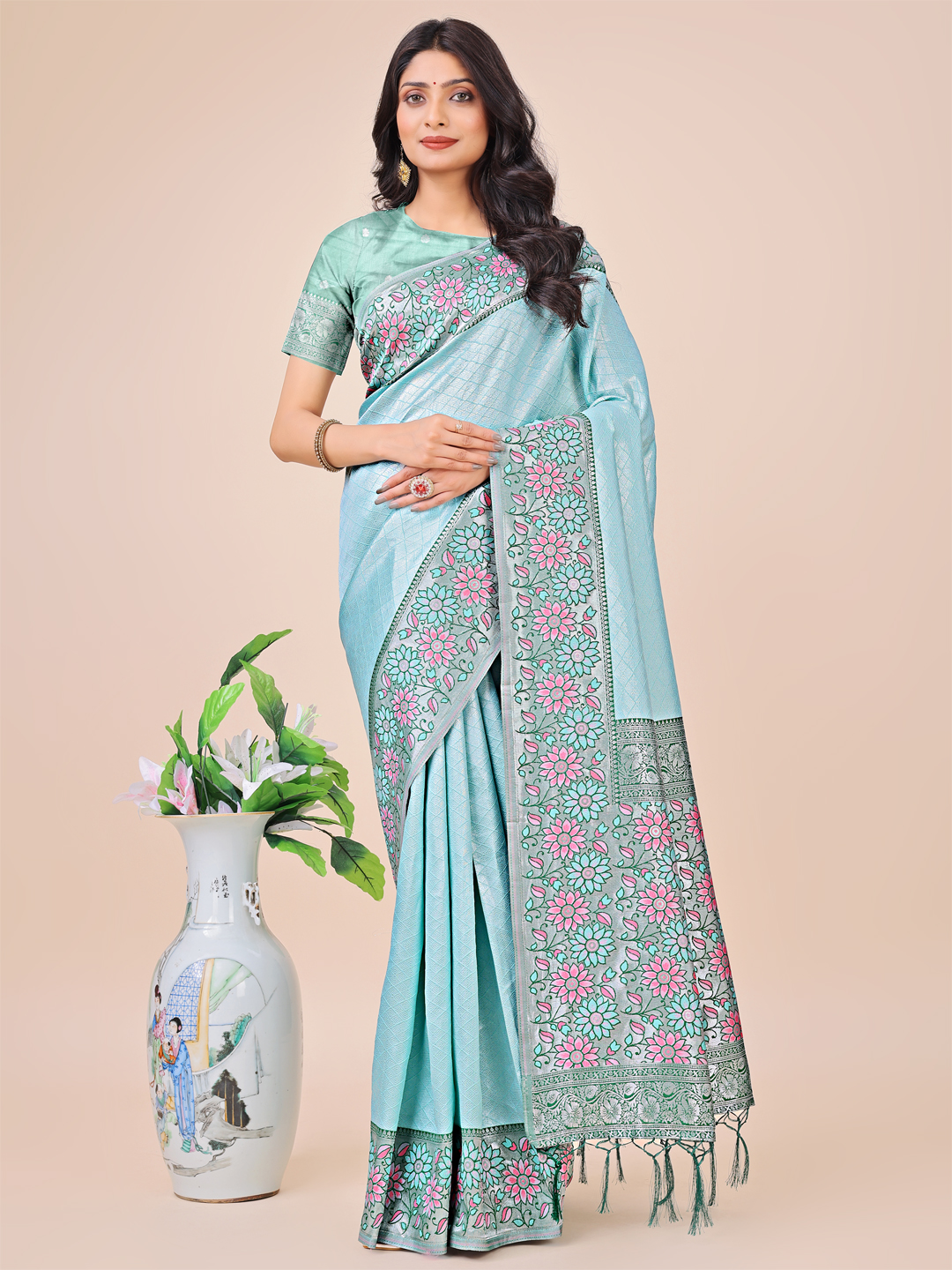 Teal Lichi Silk Saree