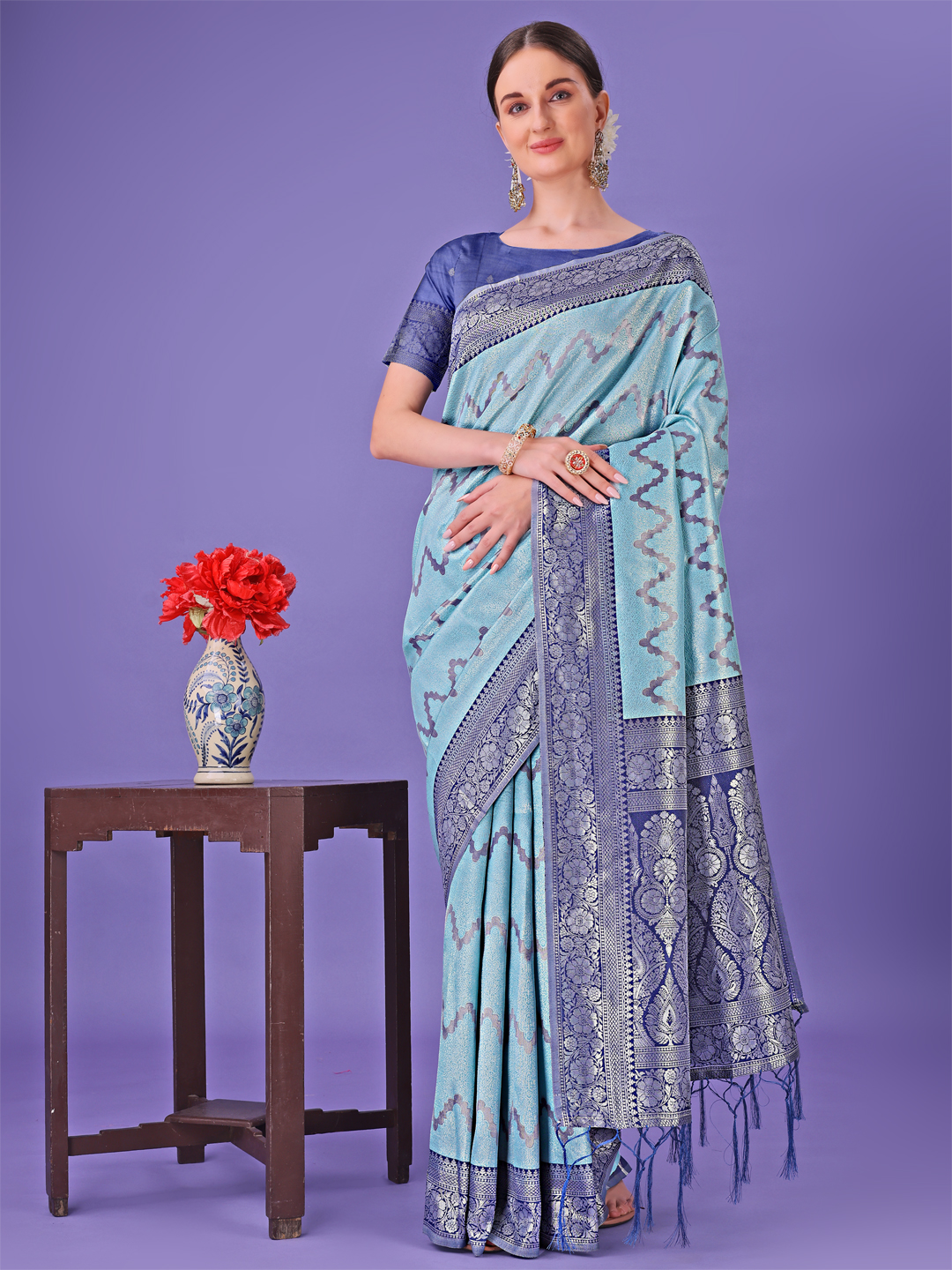 Sky Blue Lichi Silk Saree
