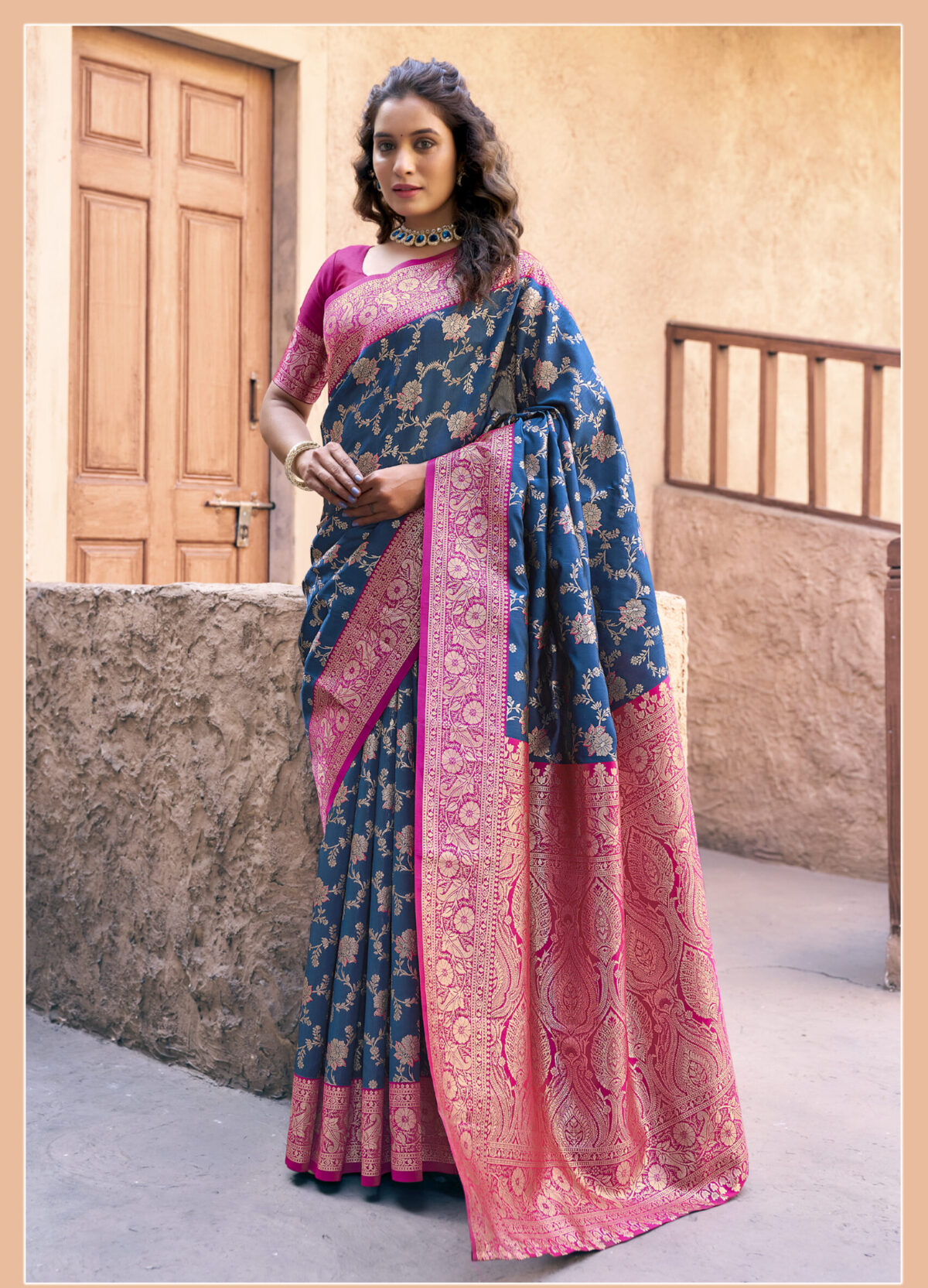 Blue Silk Saree with Exquisite Zari Weaving, Contrast Border & Rich Pallu