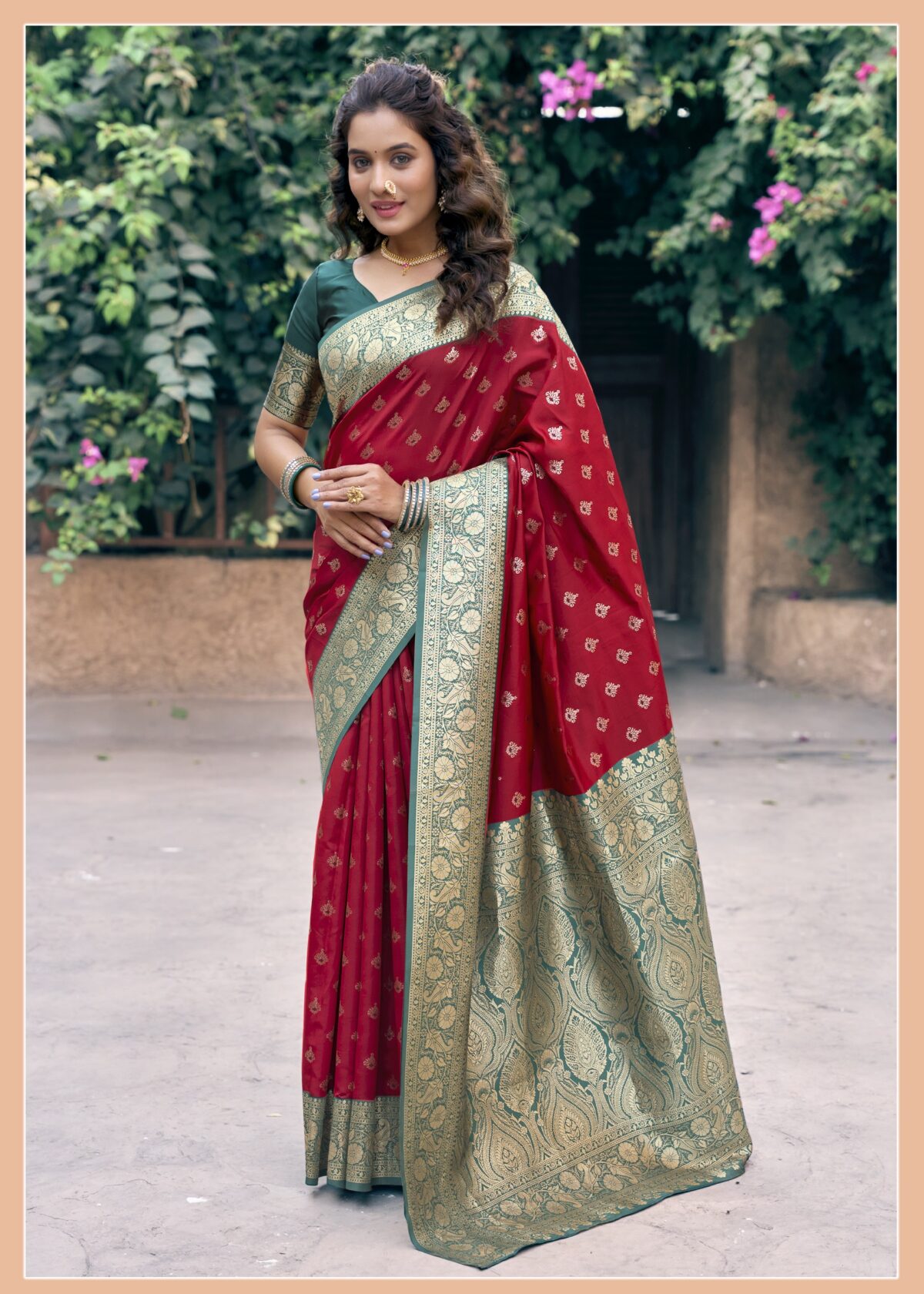 Royal Red Silk Saree with Exquisite Zari Weaving & Contrast Border
