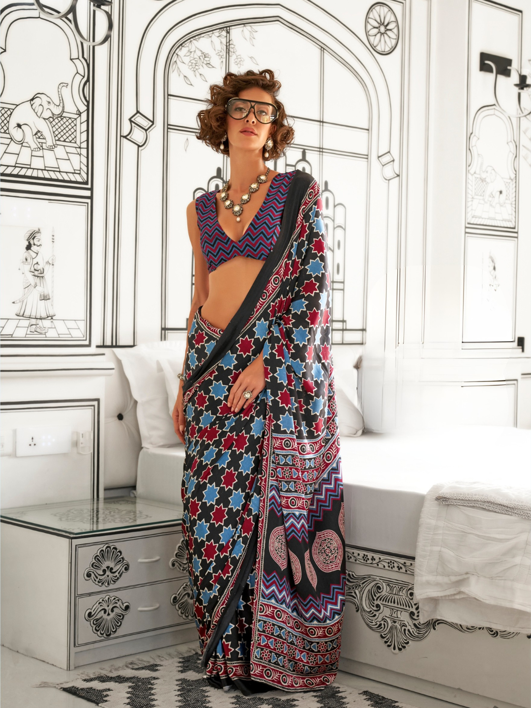 Stylish Black & Blue Satin Crepe Saree with Contrast Look
