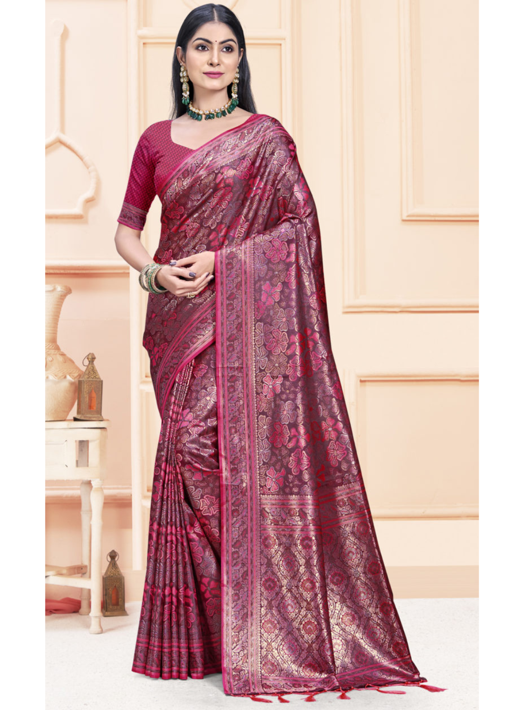 Dazzling Rani Color Satin Silk Saree