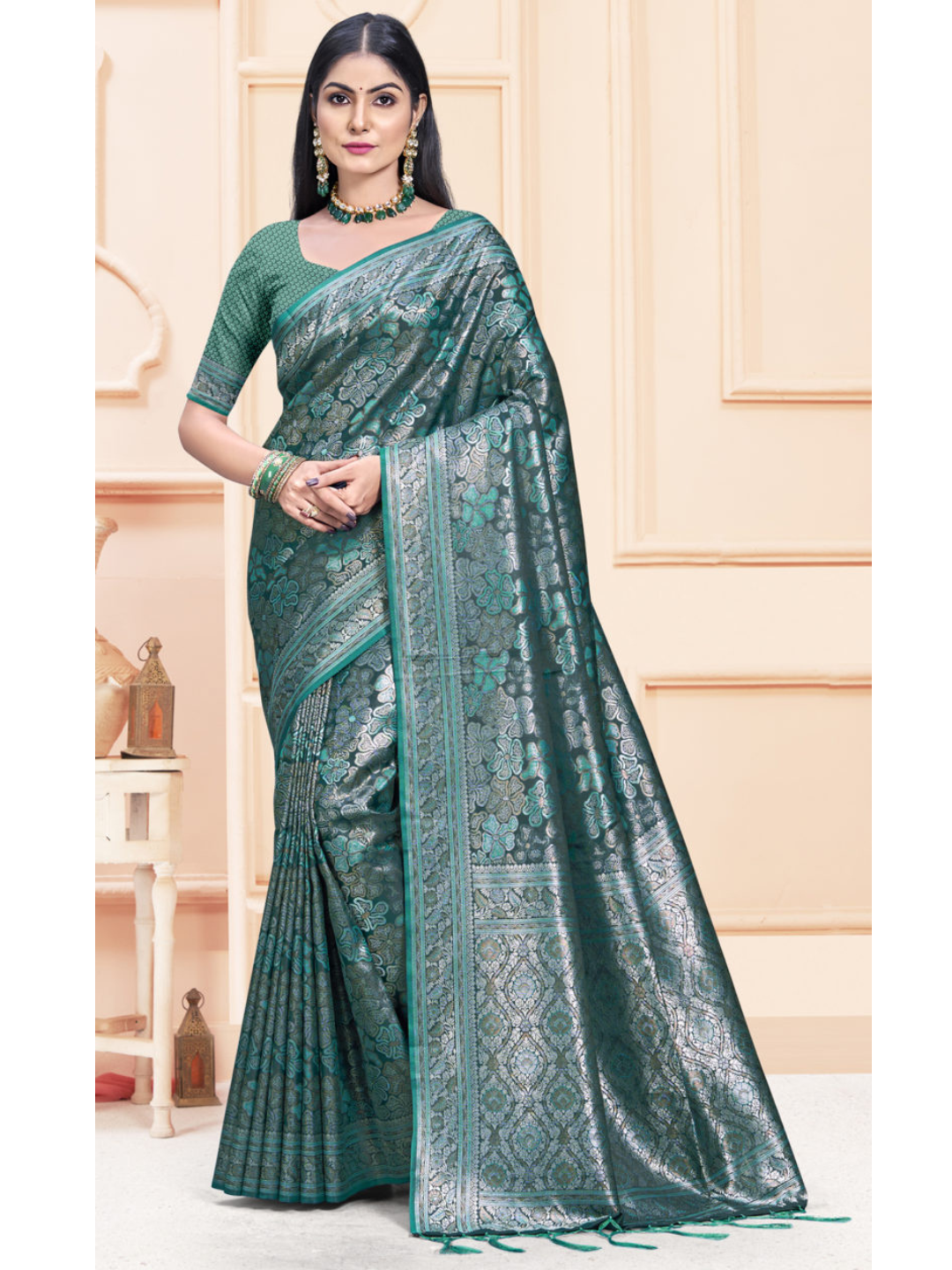 Dazzling Rama Green Color Satin Silk Saree