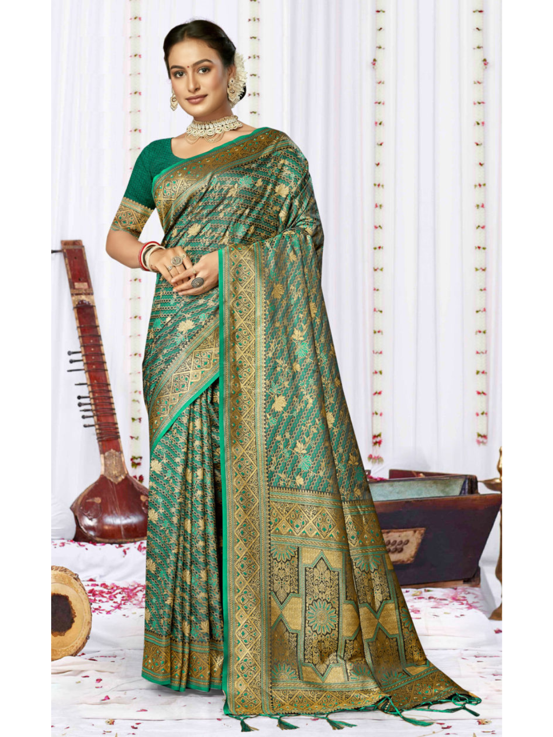 Fashionable Teal Blue Color Satin Silk Saree