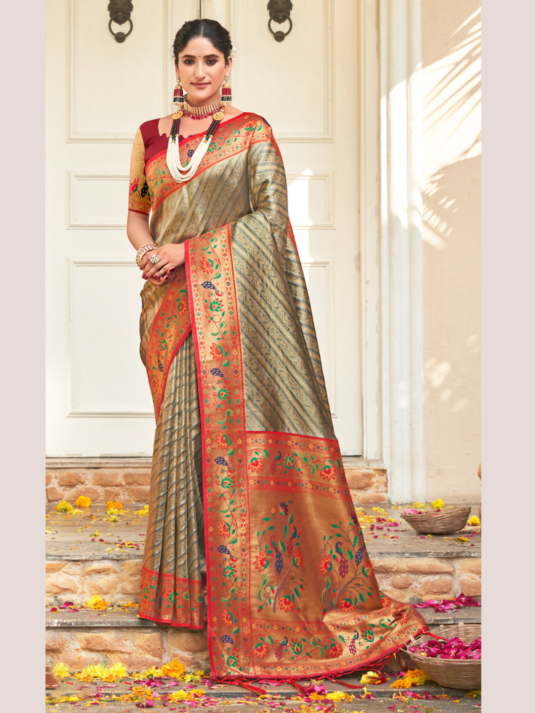 Royal Grey Color Paithani Silk Saree