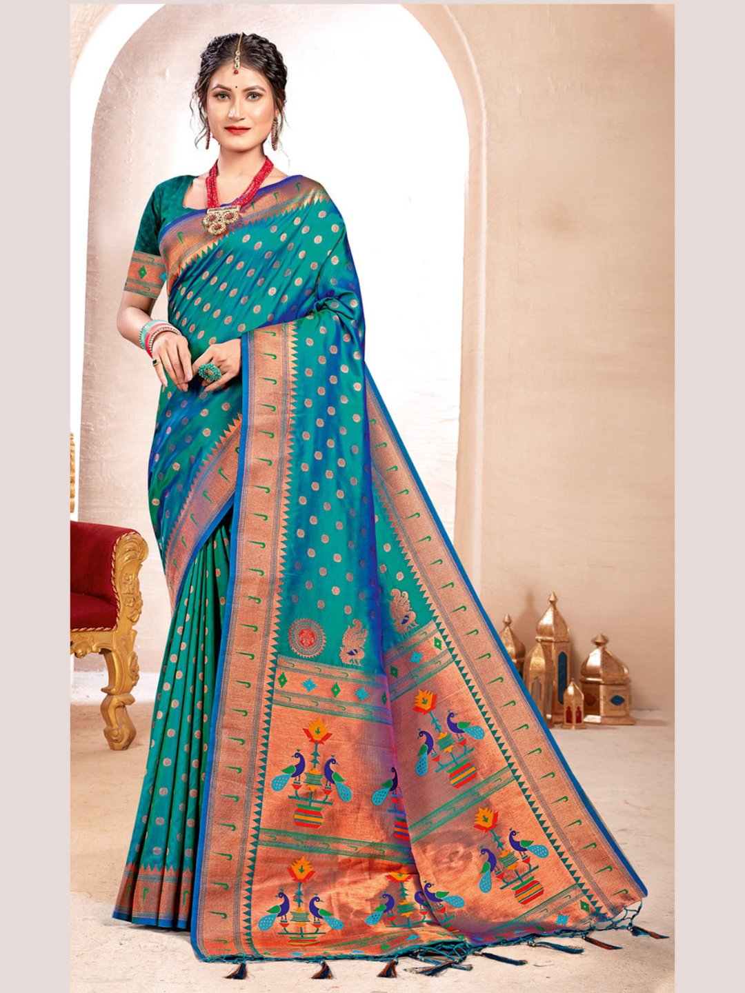 Premium Turquoise Color Paithani Silk Saree