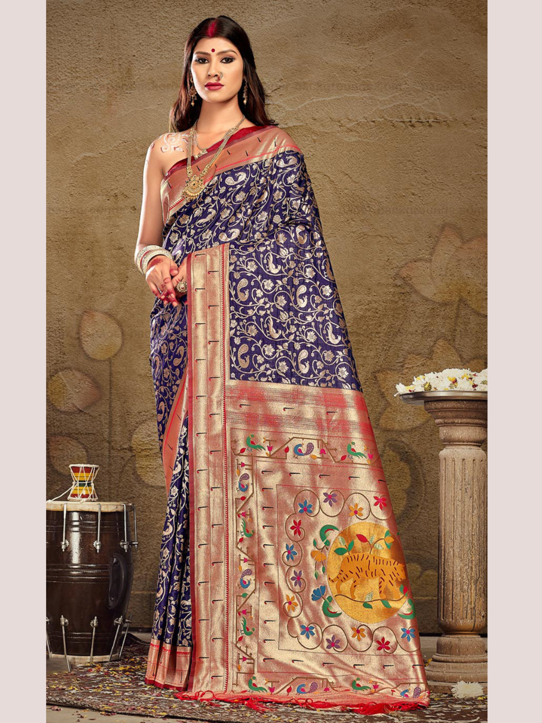 Compelling Navy Blue Color Paithani Silk Saree