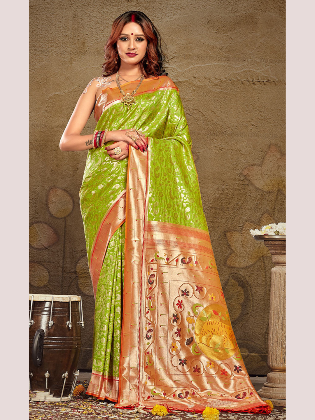 Compelling Parrot Green Color Paithani Silk Saree