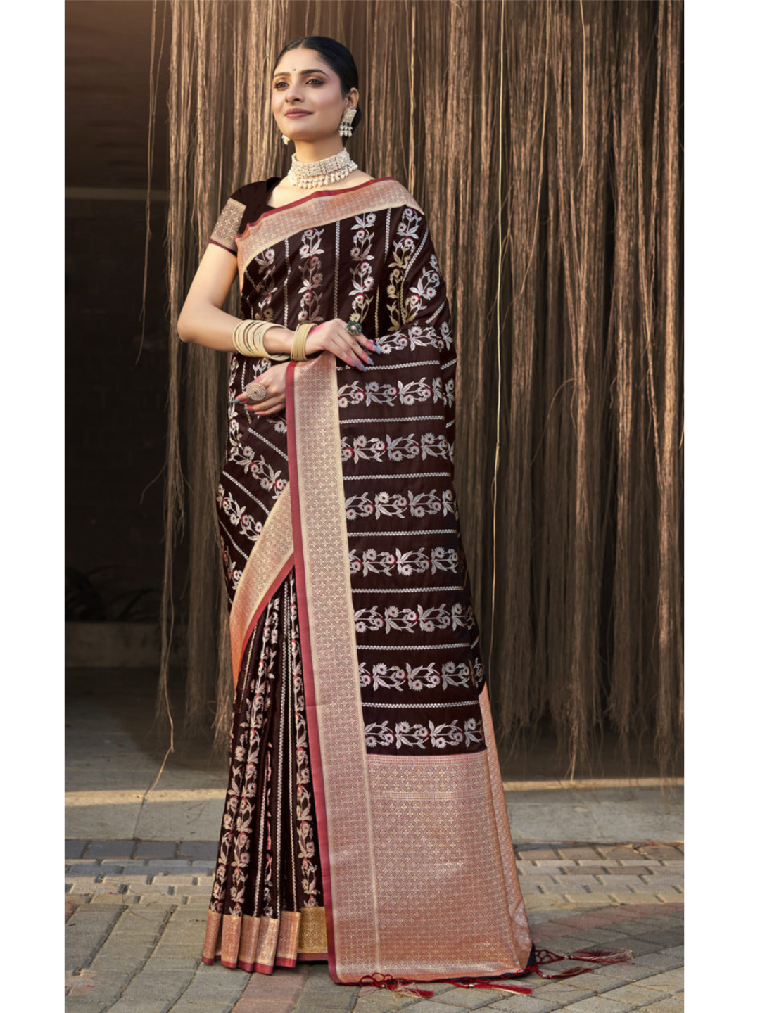 Exceptional Brown Color Satin Silk Saree