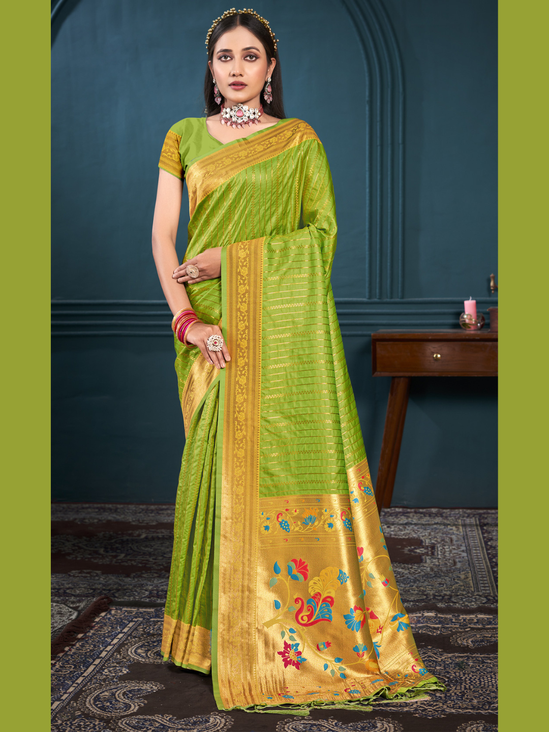 Stylish Parrot Green Color Paithani Silk Saree