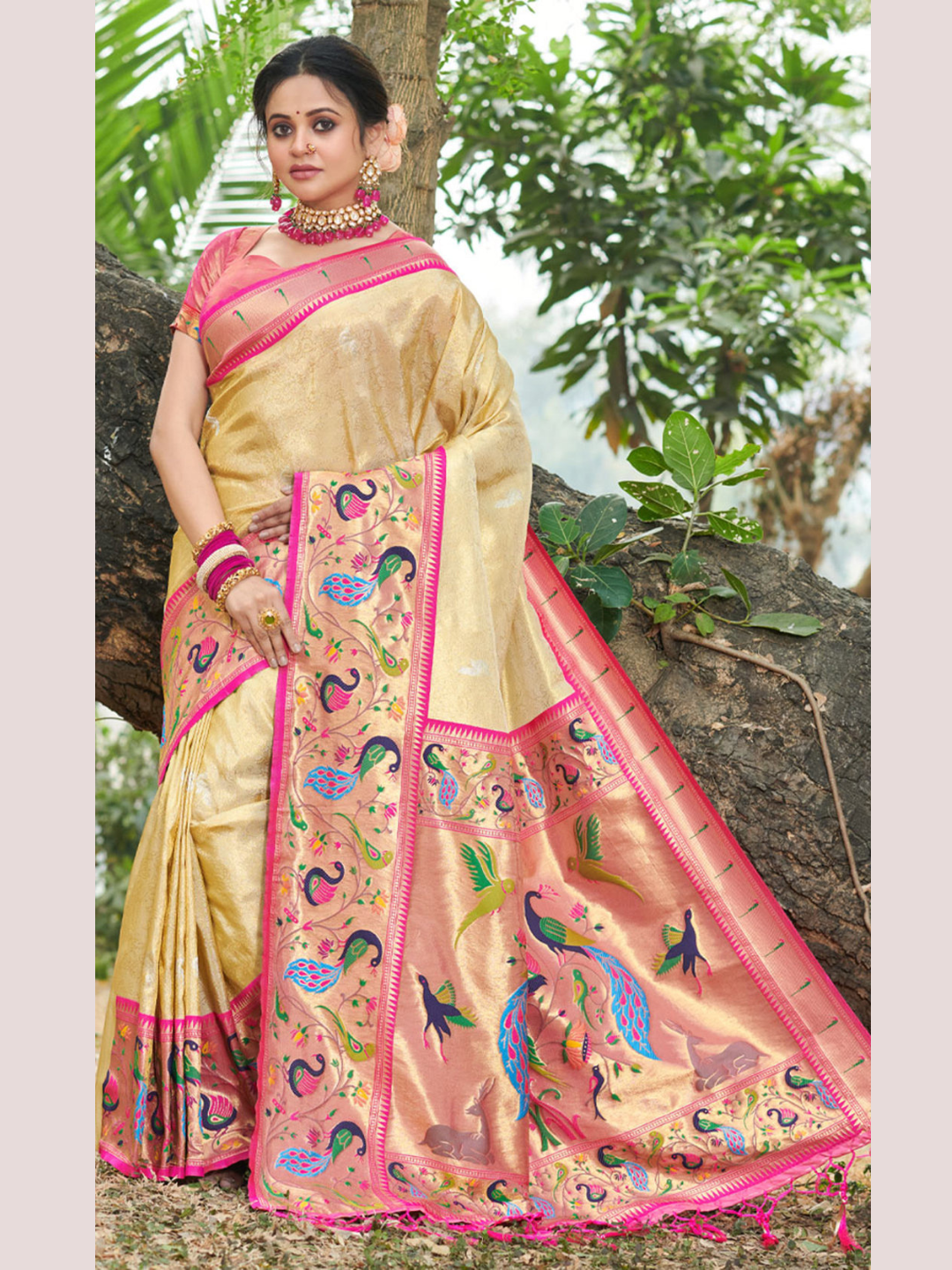 Pleasing Cream Color Paithani Silk Saree