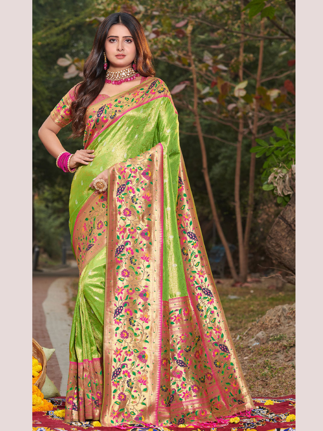 Ravishing Parrot Green Color Paithani Silk Saree