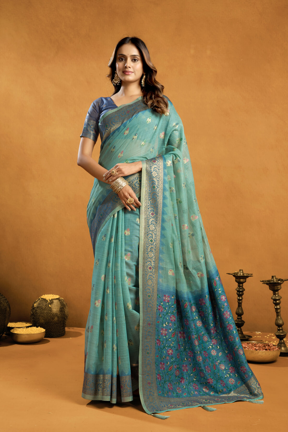 Soft & Stylish Sea Green Premium Spun Cotton Saree
