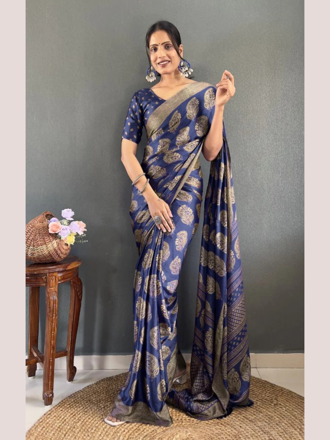Light Blue Designer Printed Saree in Soft Moss Silk