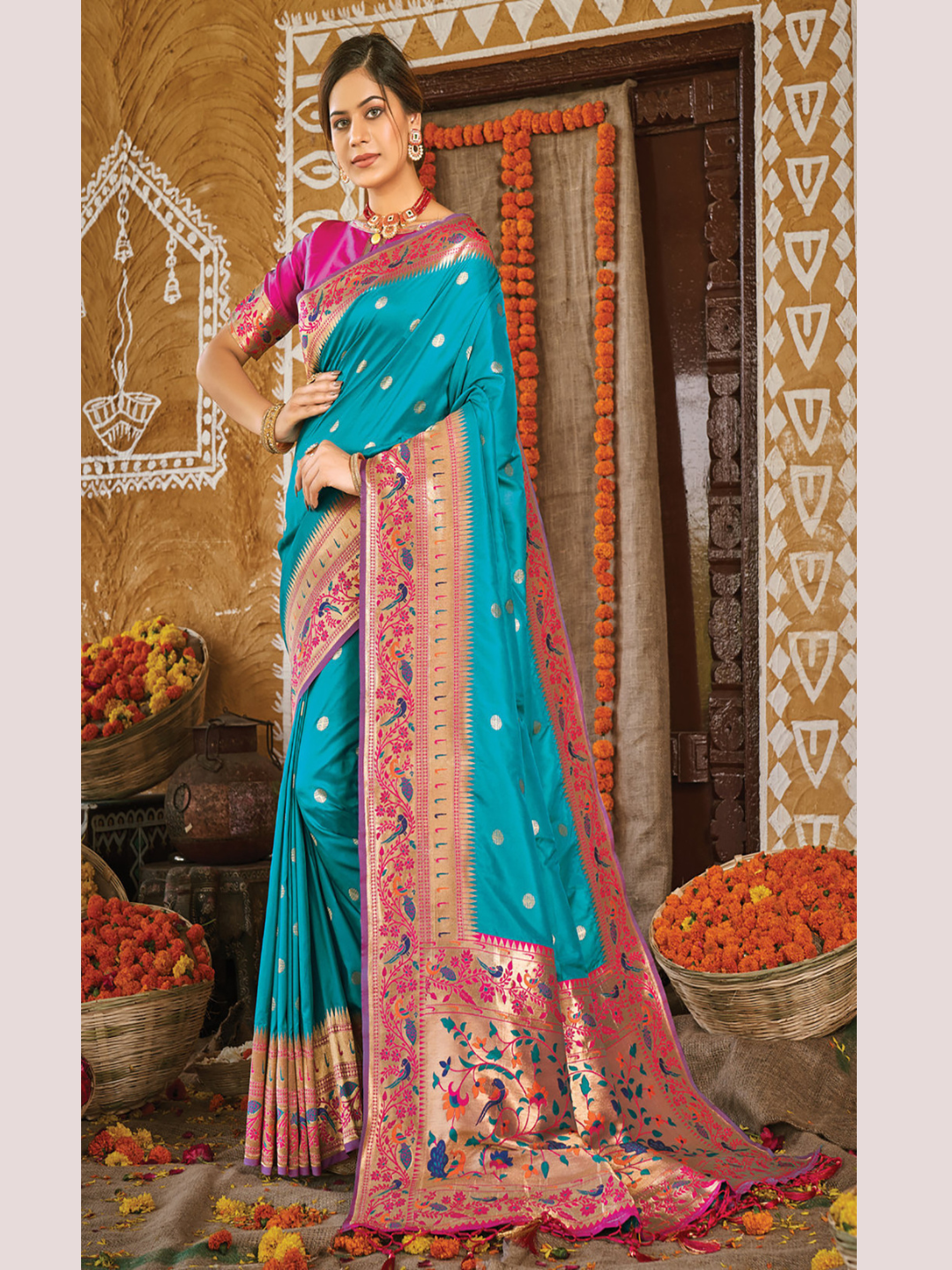 Joyful Firozi Color Paithani Silk Saree