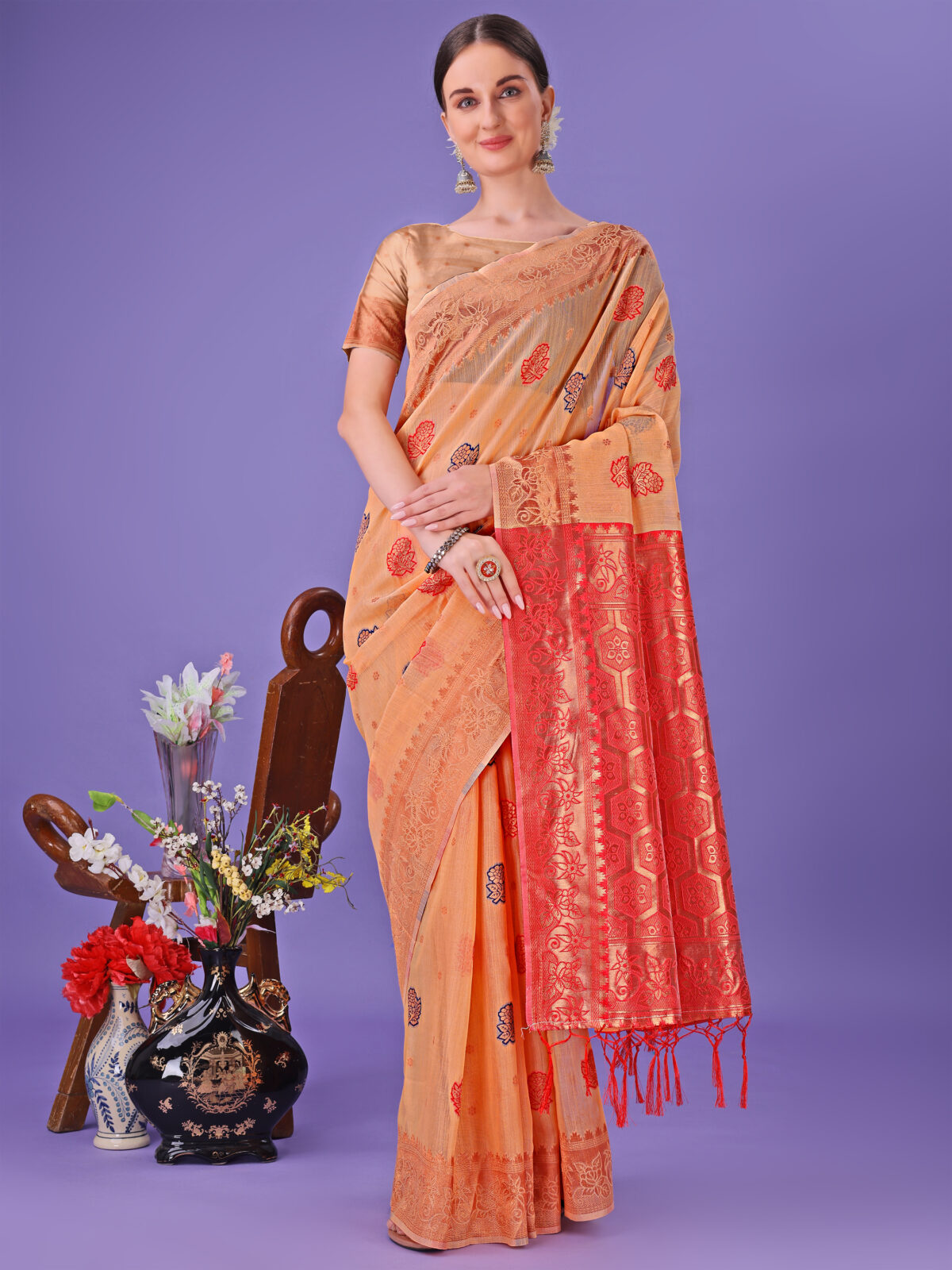 Rustic Orange Linen Cotton Saree