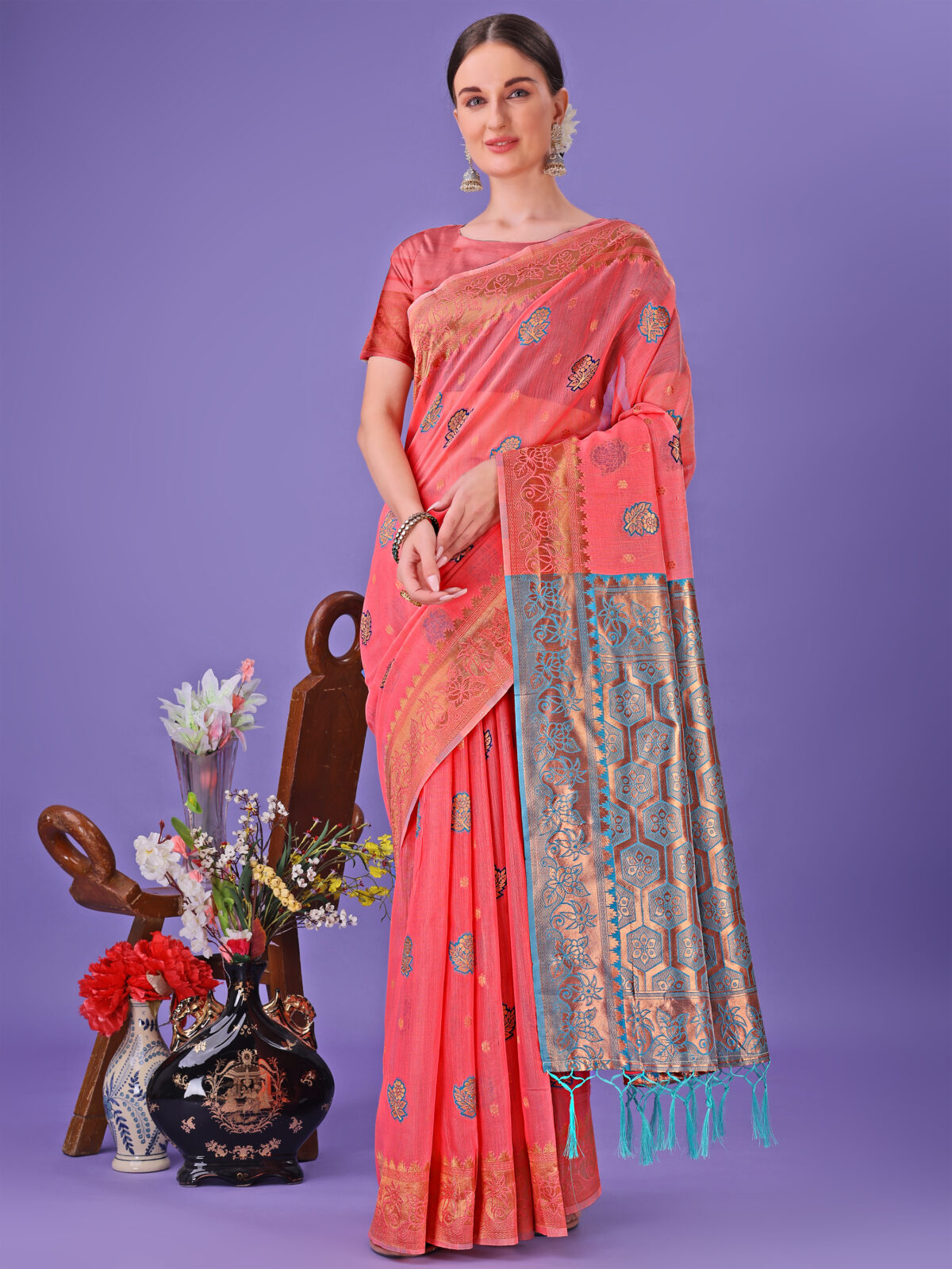 Blush Pink Linen Cotton Saree