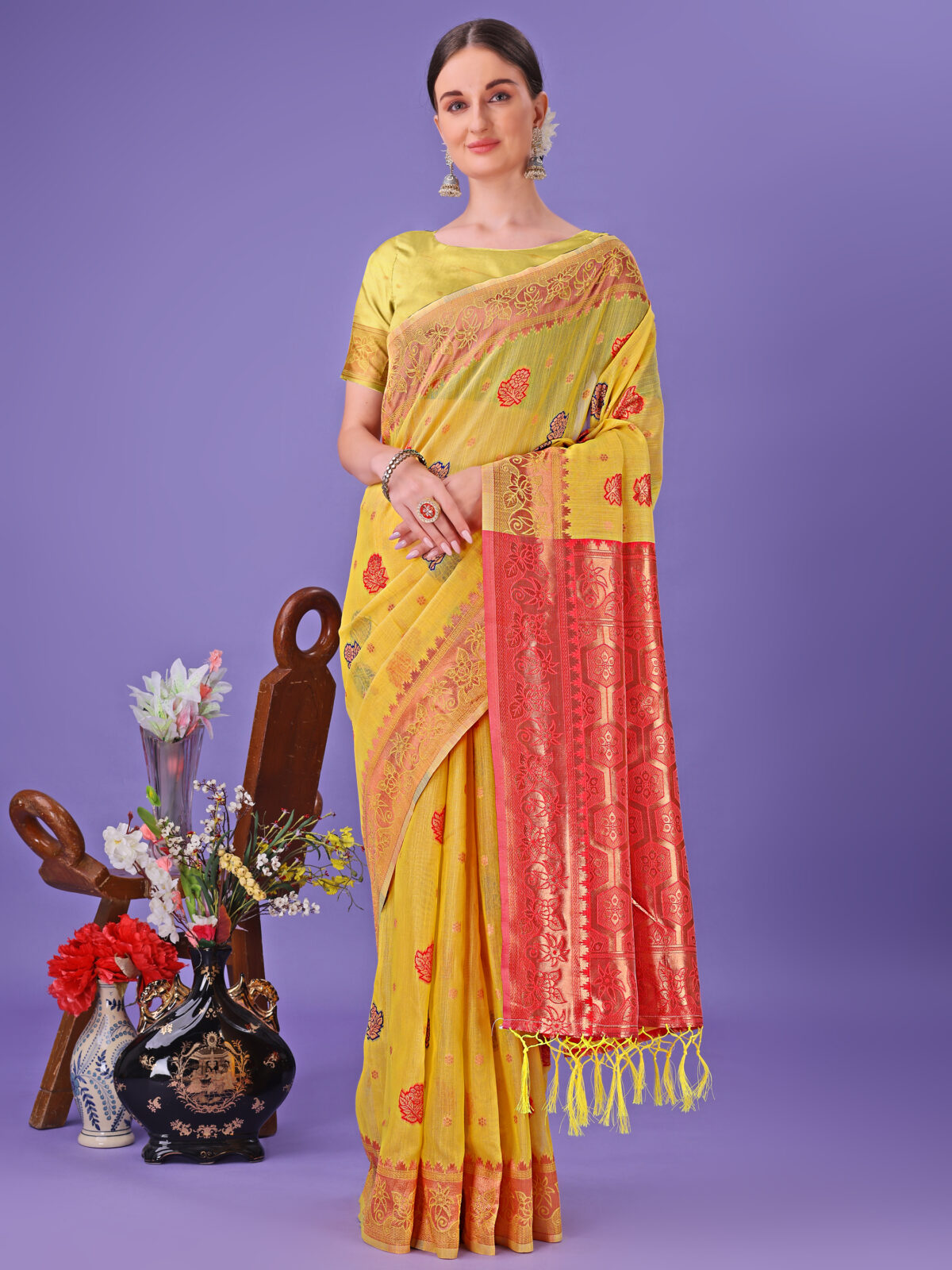 Chic Yellow Linen Cotton Saree