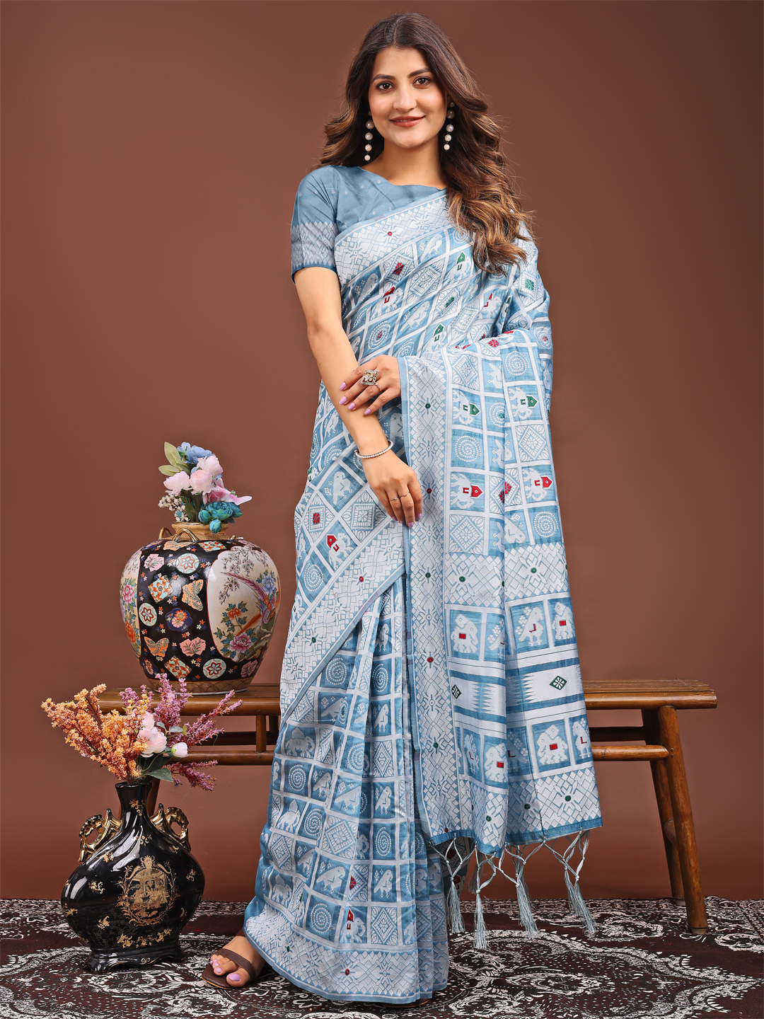Refreshing Sky Blue Linen Cotton Saree – Ideal for Summer Wear