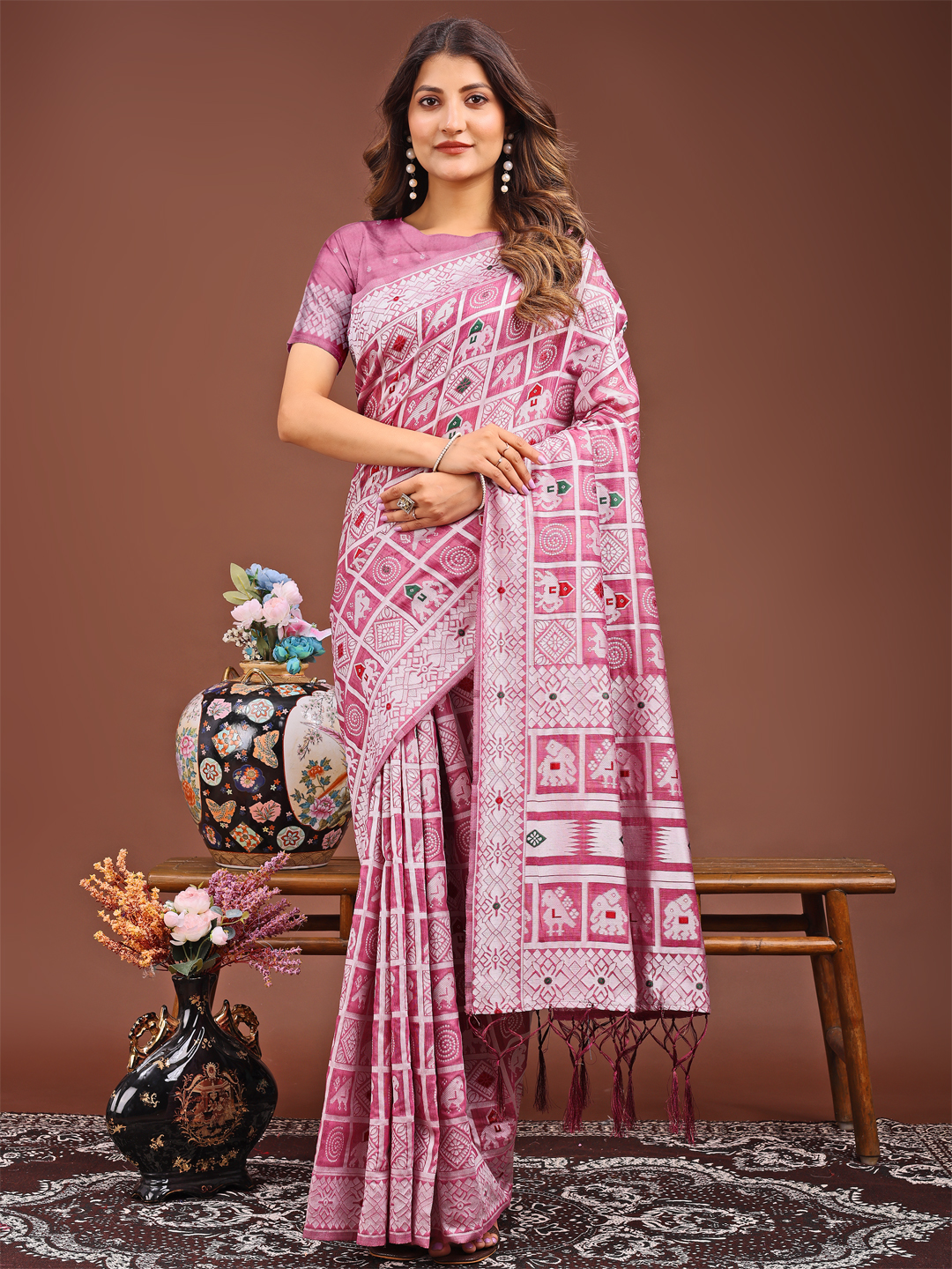 Rose Pink Linen Cotton Blend Saree – Classic and Breathable
