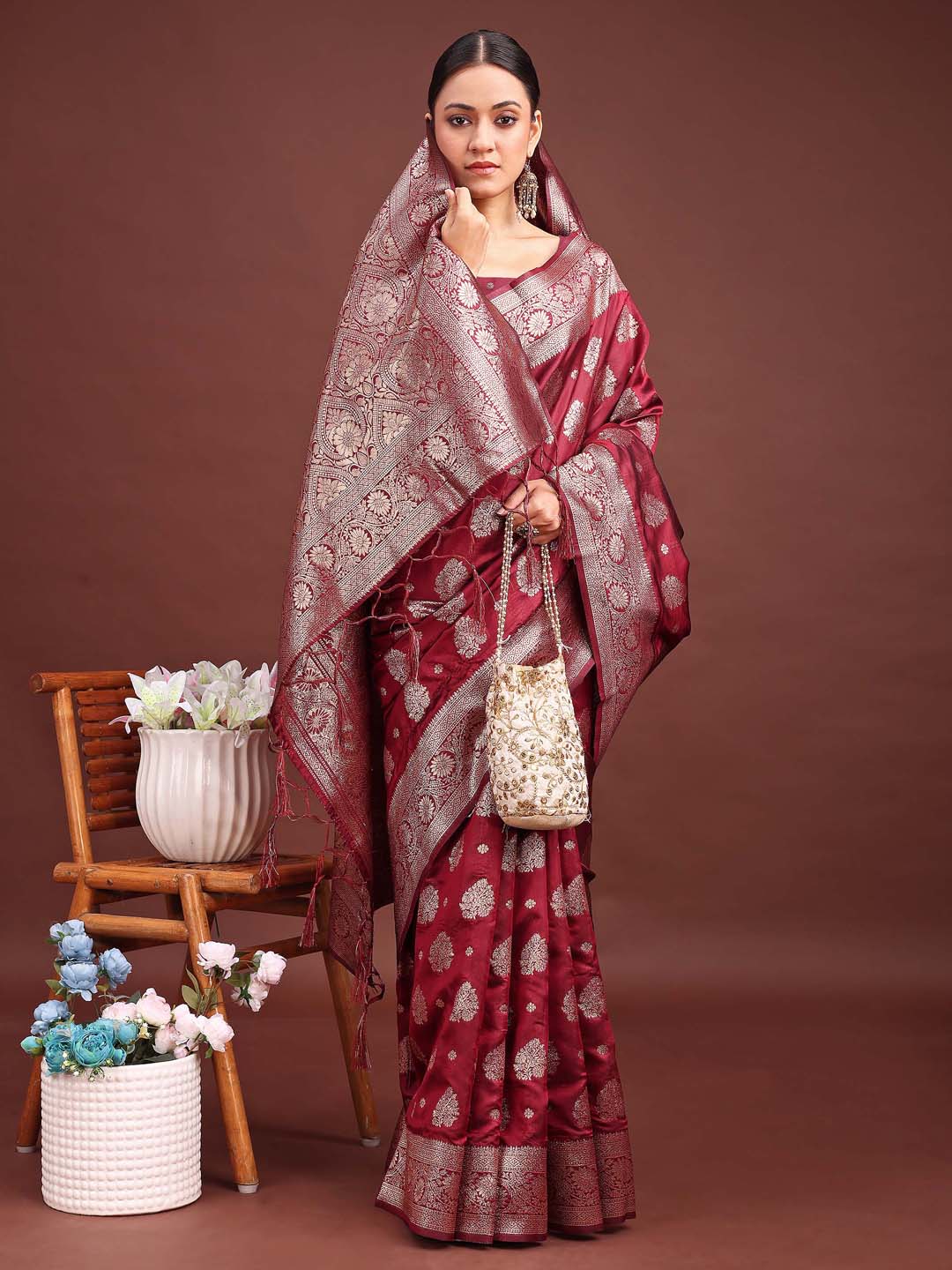 Graceful Maroon Banarasi Silk Saree with Traditional Charm