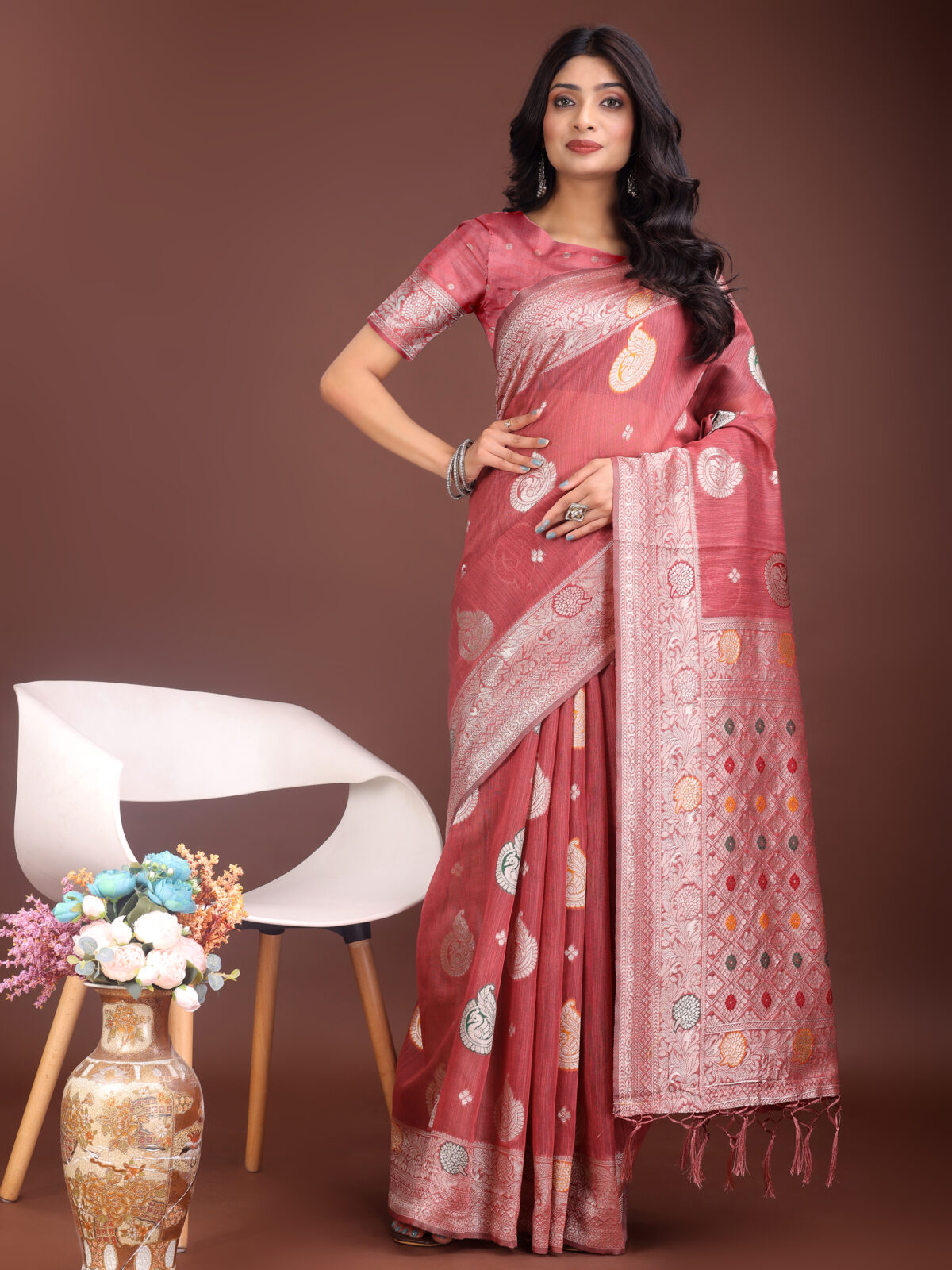 Pastel Pink Linen Cotton Saree – Delicate & Stylish