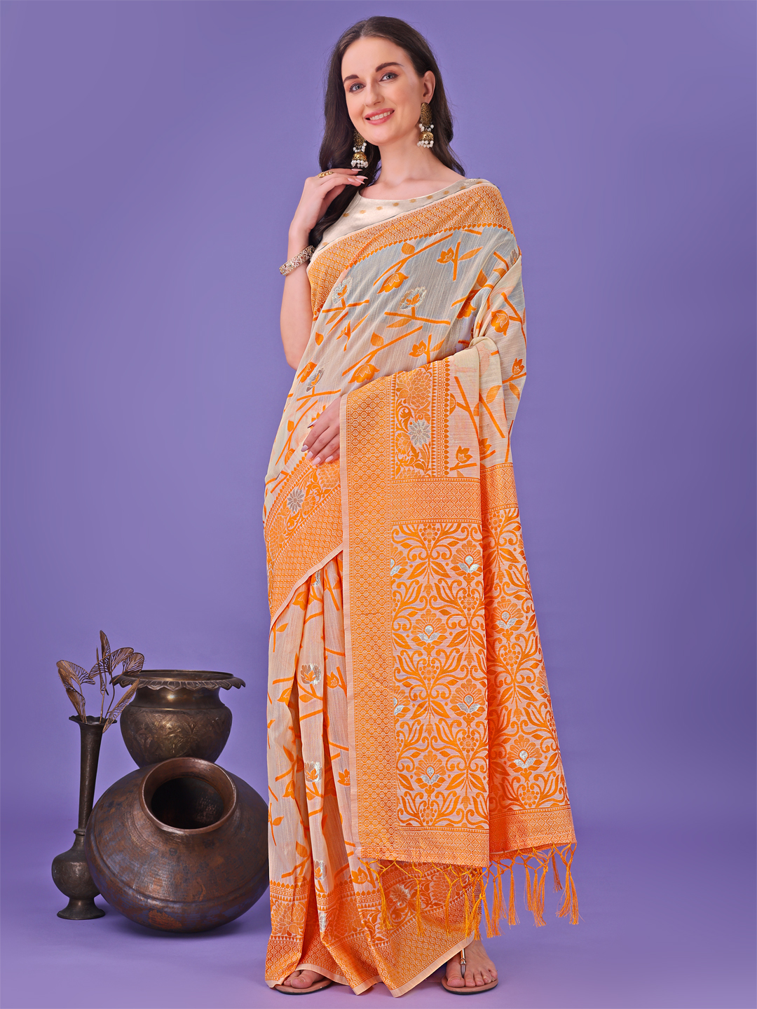 Festive Orange Linen Cotton Saree – Perfect for Daytime Celebrations