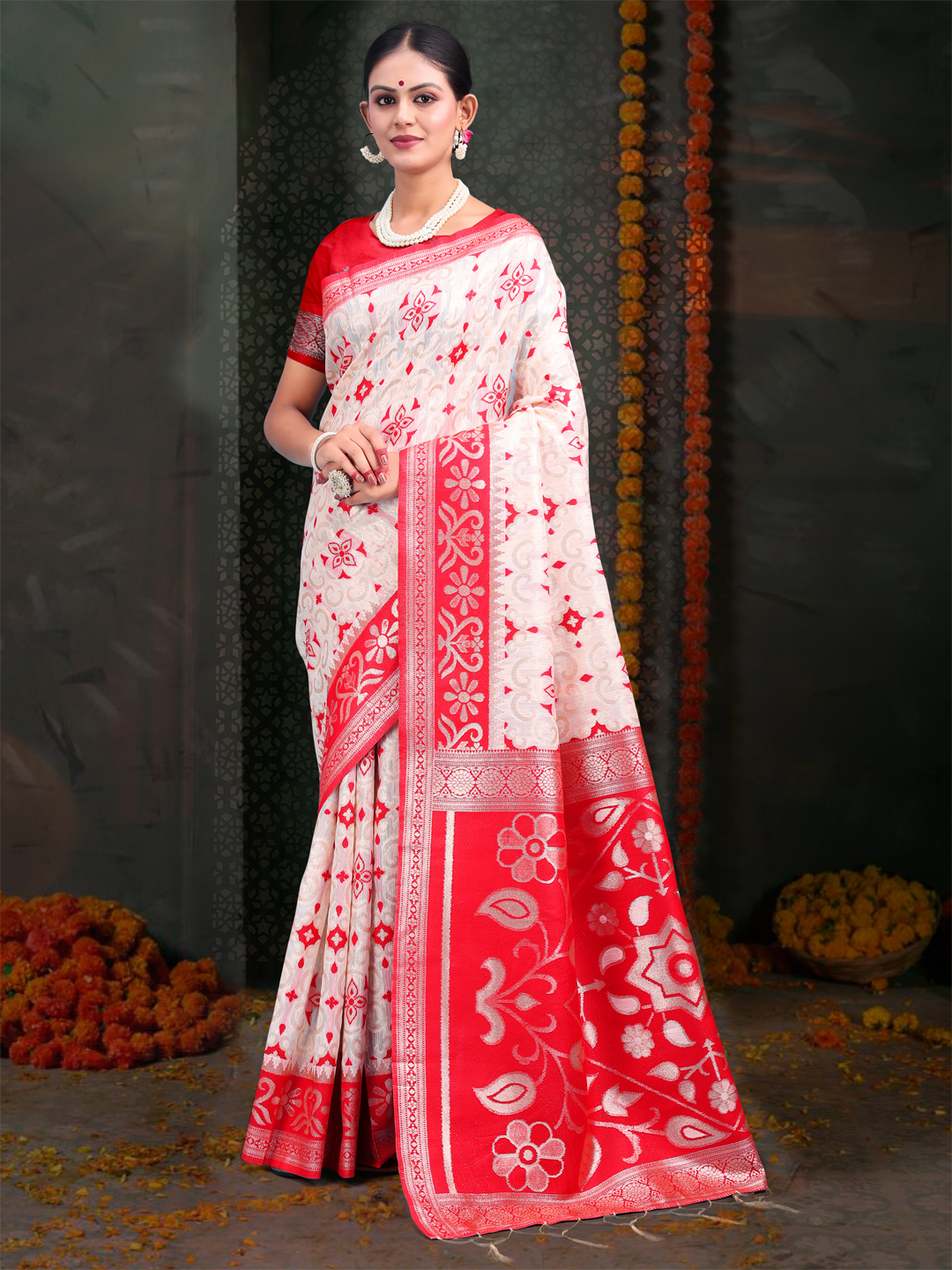 Graceful Red & White Handwoven Linen Cotton Saree
