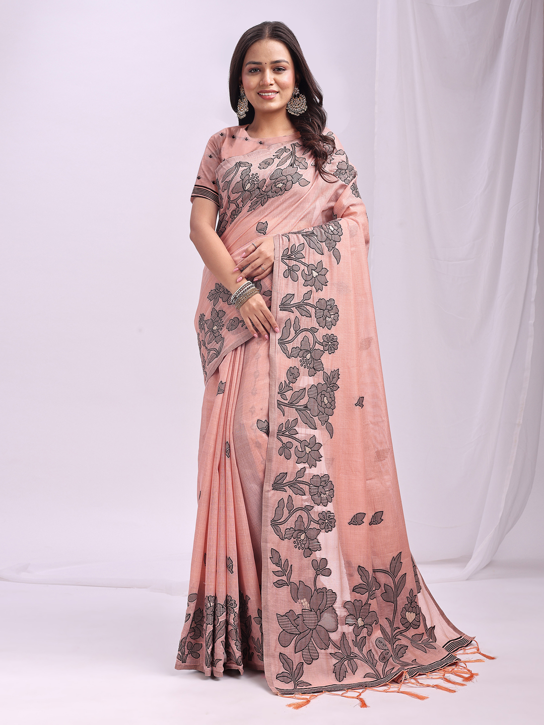 Blush Peach Linen Cotton Saree with Natural Texture