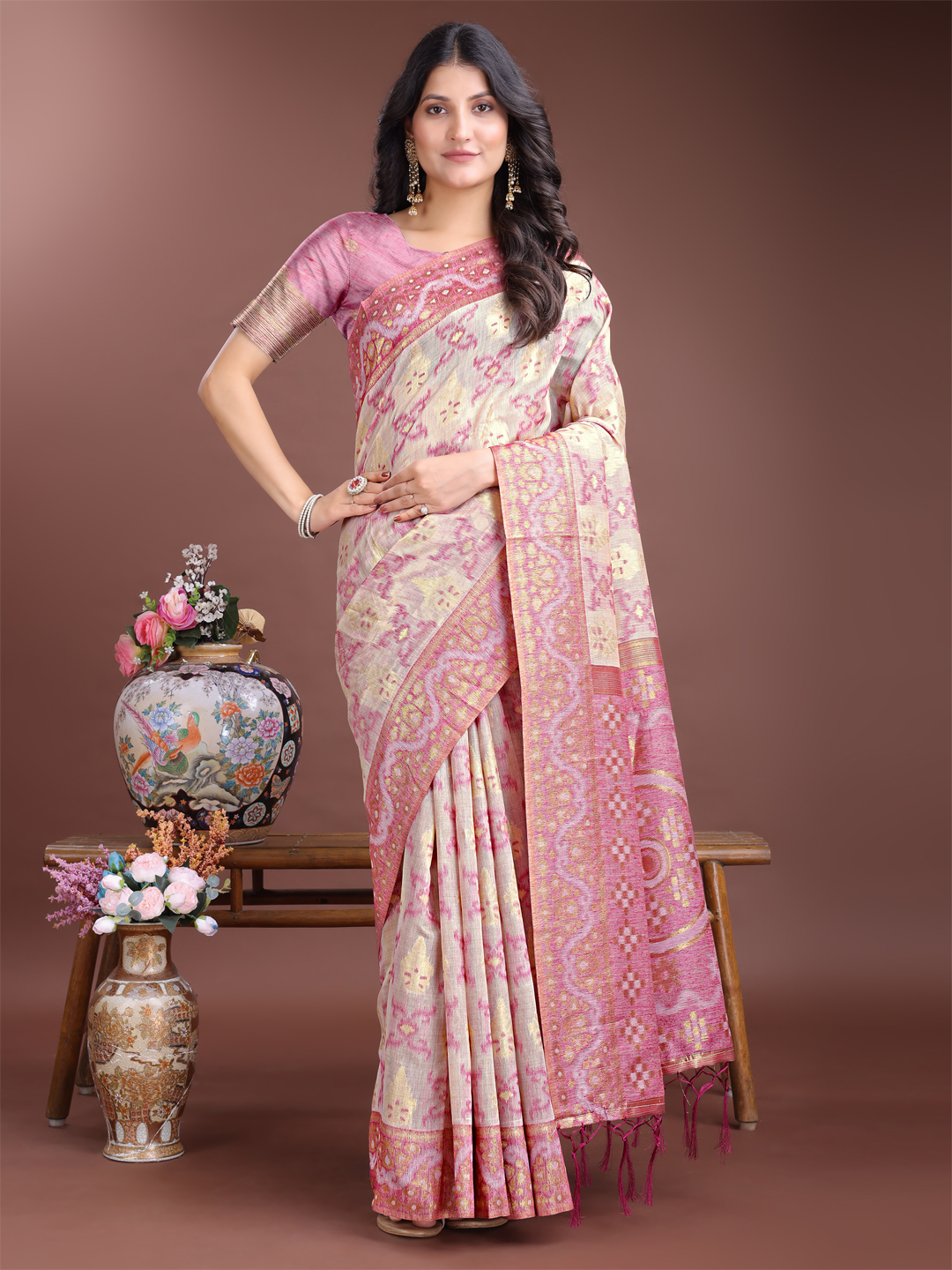 Minimal Pink Linen Cotton Saree – Elegant Everyday Style