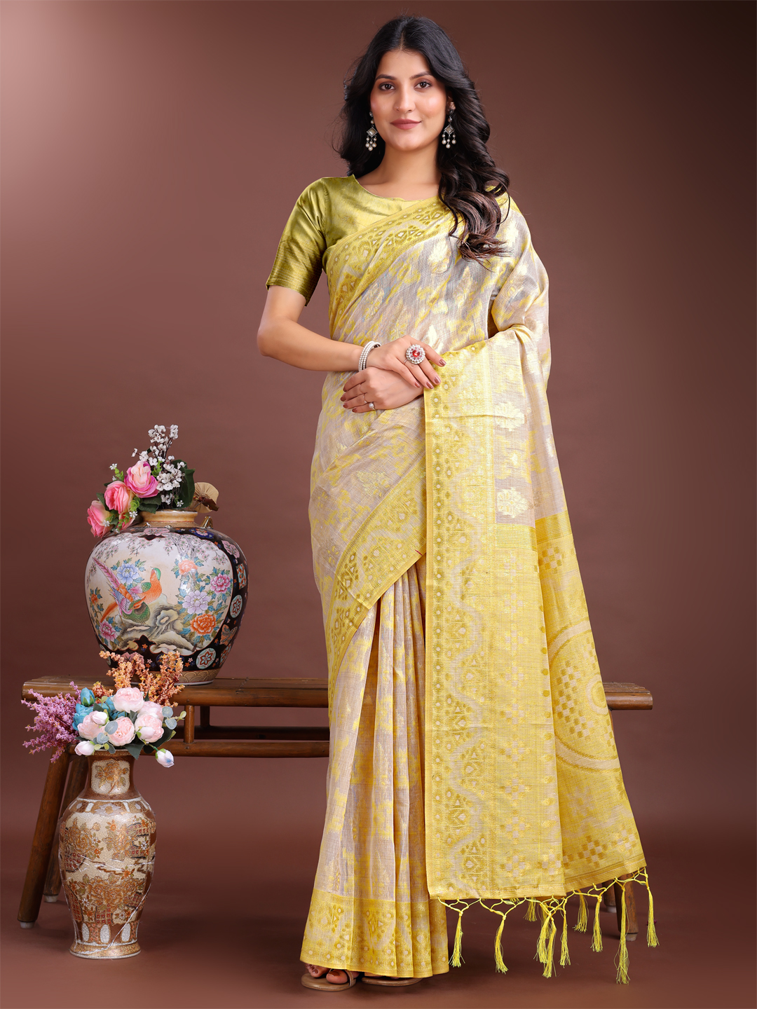 Cheerful Yellow Linen Cotton Saree – Ideal for Puja, Casual & Office Wear