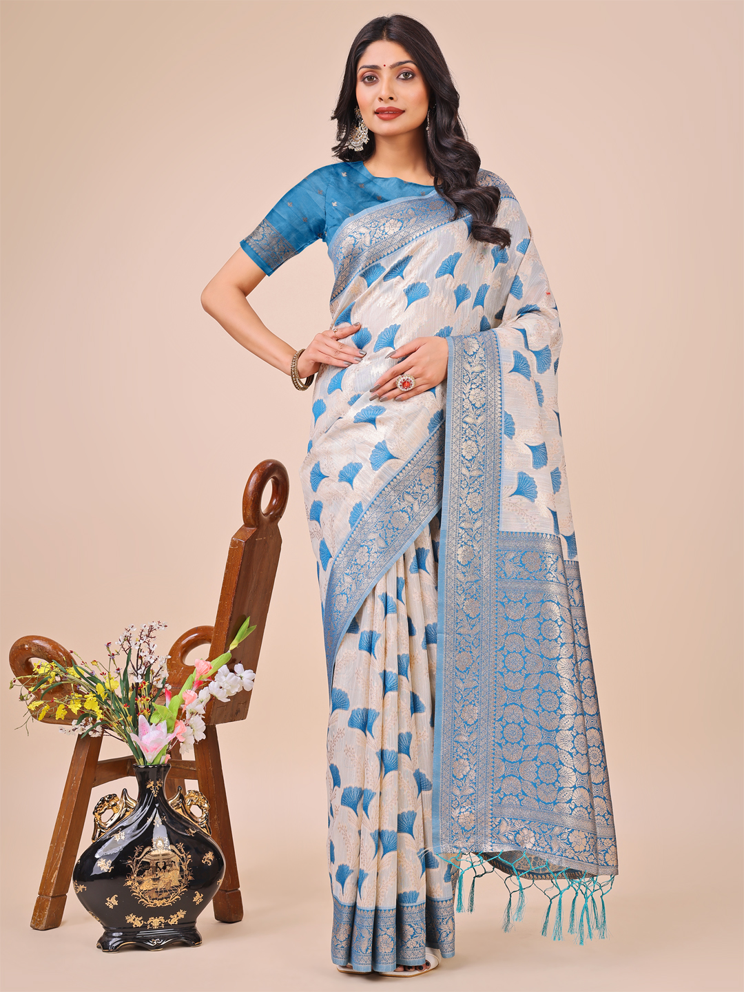 Traditional Sky Blue Linen Cotton Saree