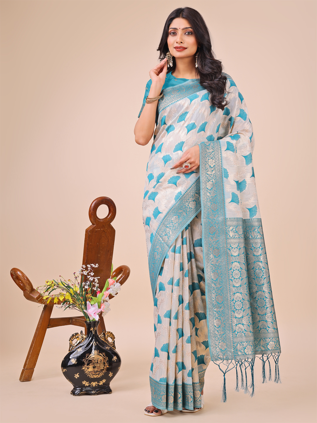 Elegant Teal Linen Cotton Saree with Subtle Zari Detailing