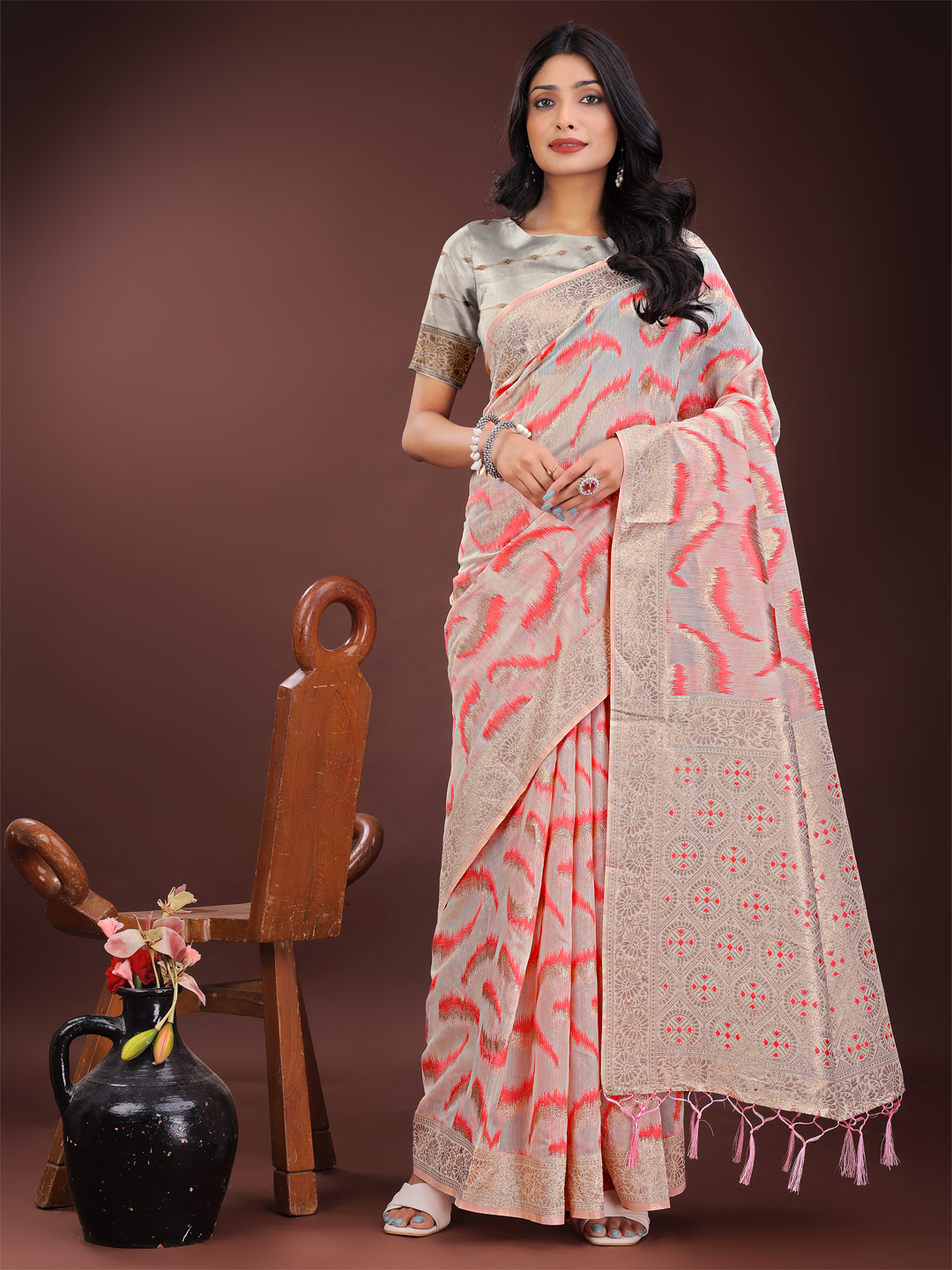 Soft Peach Handwoven Linen-Cotton Saree – Lightweight & Breathable