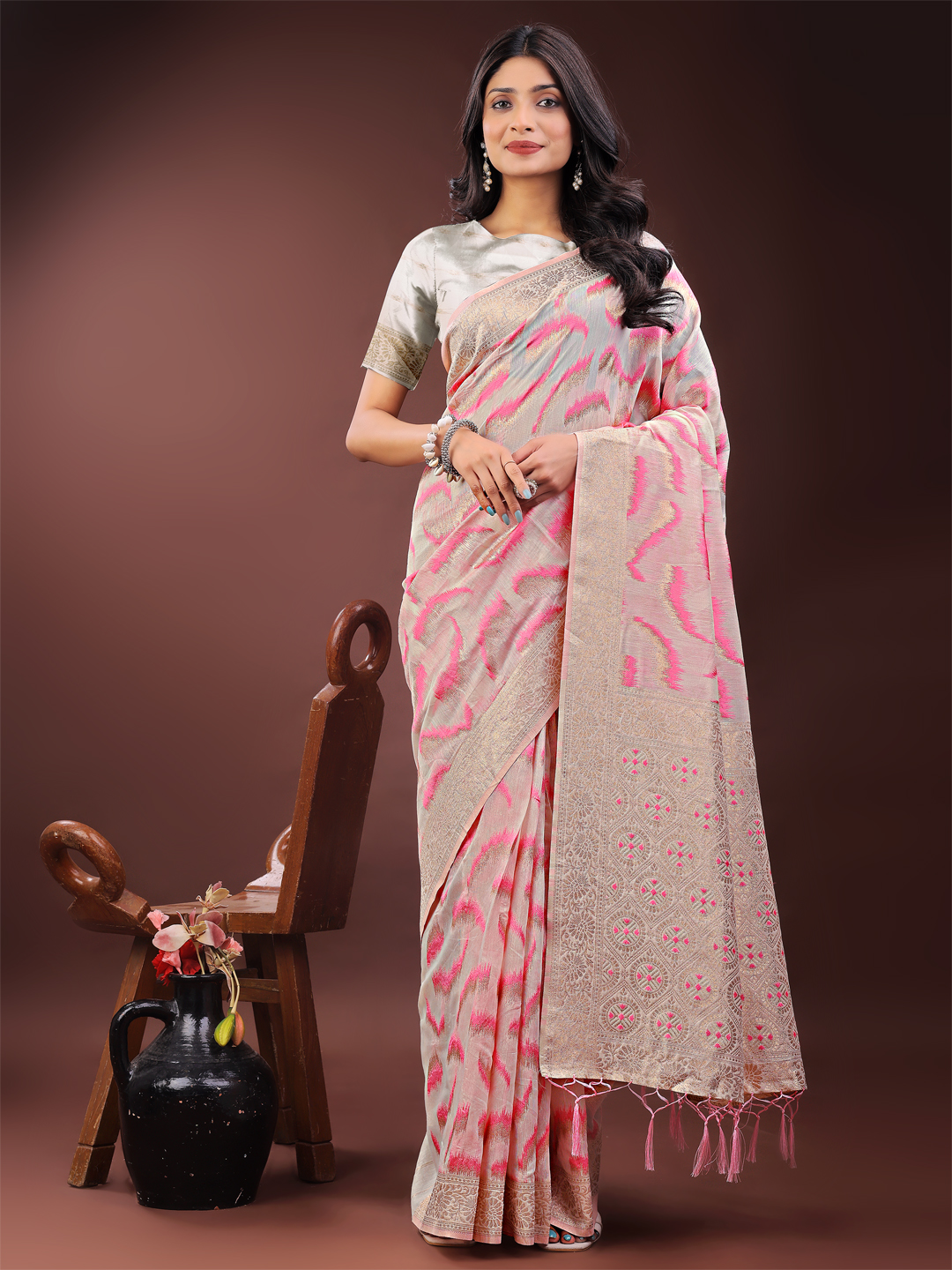 Traditional Light Pink Linen Cotton Saree with Woven Detailing
