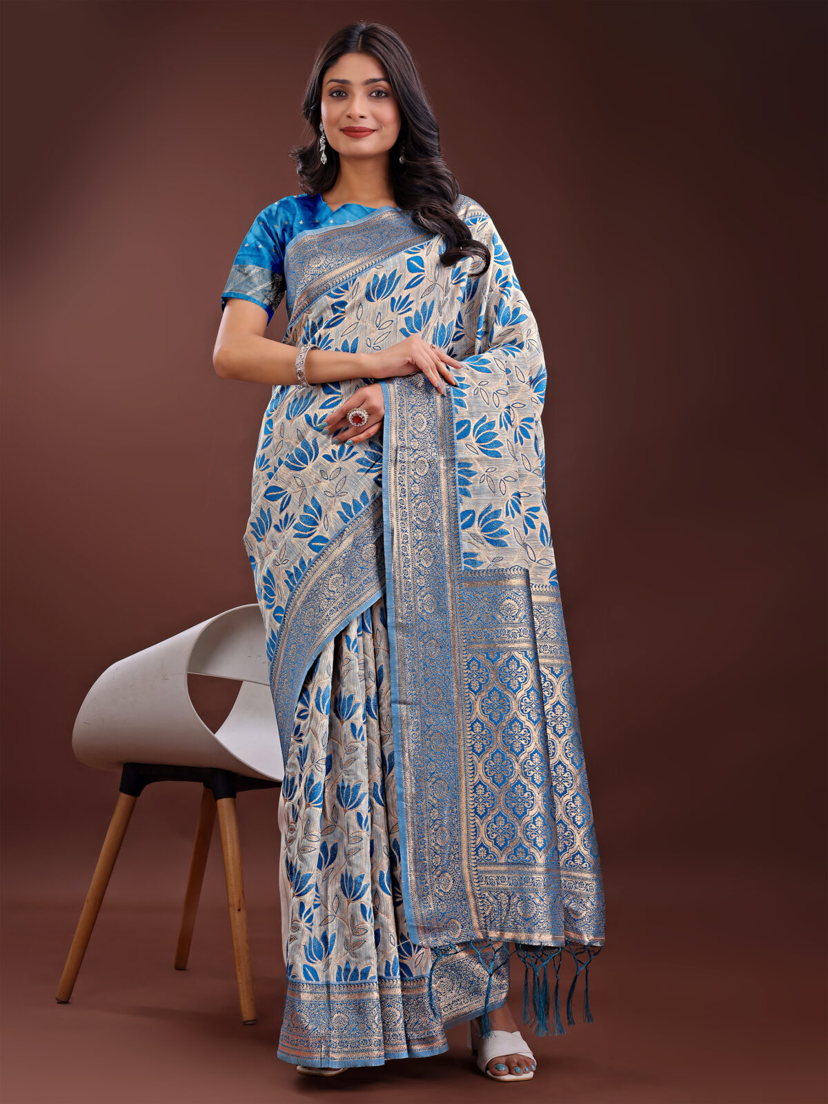Trendy Sky Blue Linen Cotton Saree