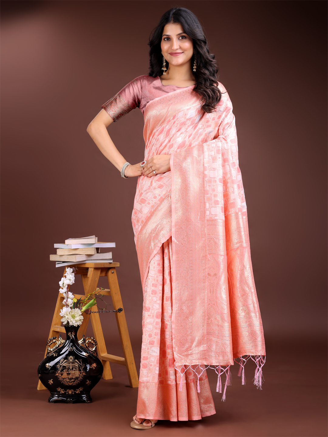 Soft Peach Handwoven Linen-Cotton Saree – Lightweight & Breathable