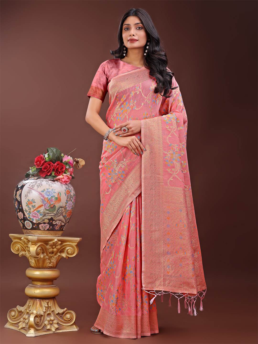 Peach-Toned Linen Cotton Saree – Ideal for Festive & Daily Wear