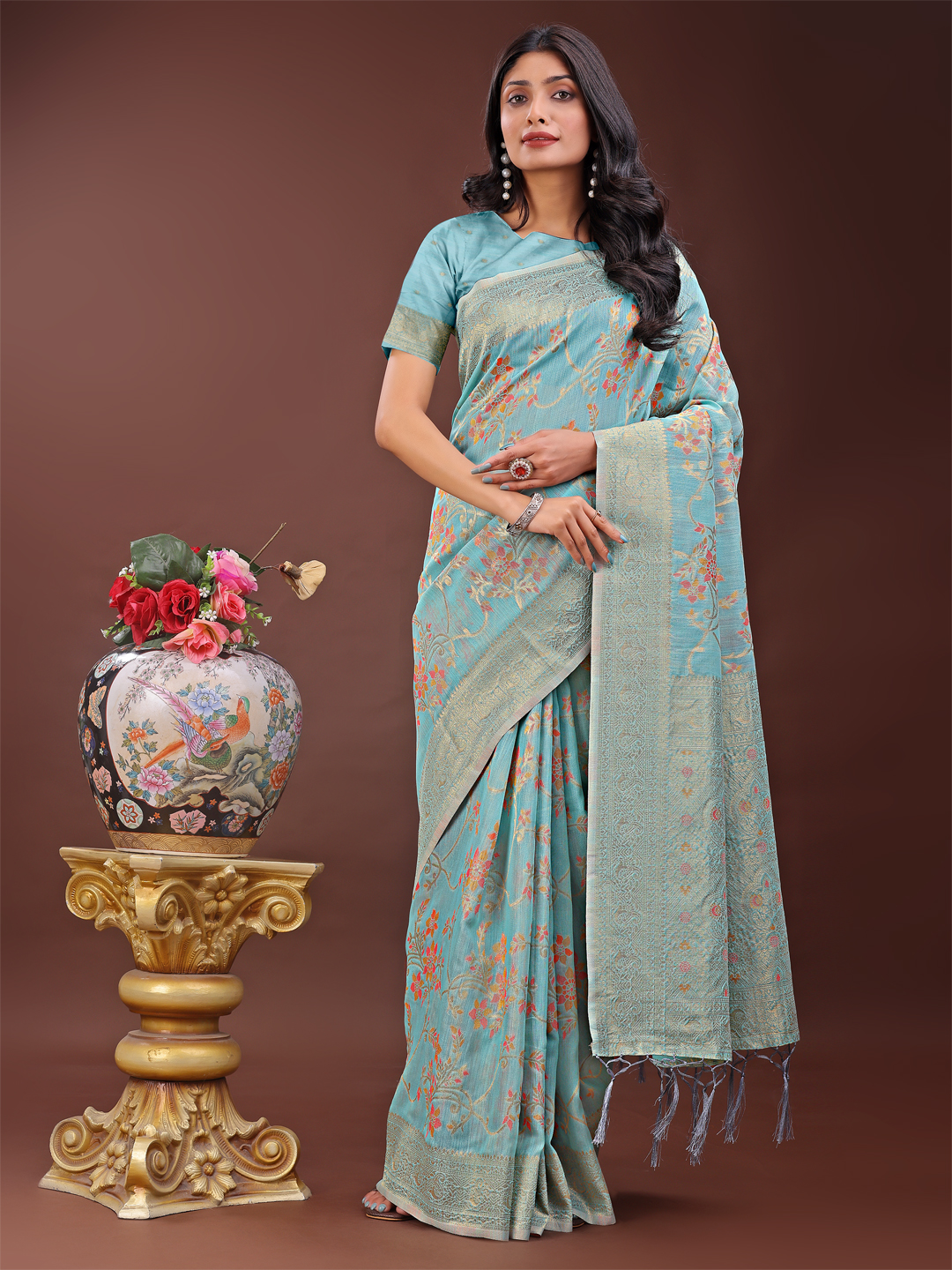 Sky-Toned Light Blue Linen Cotton Saree – Ideal for Summer Days