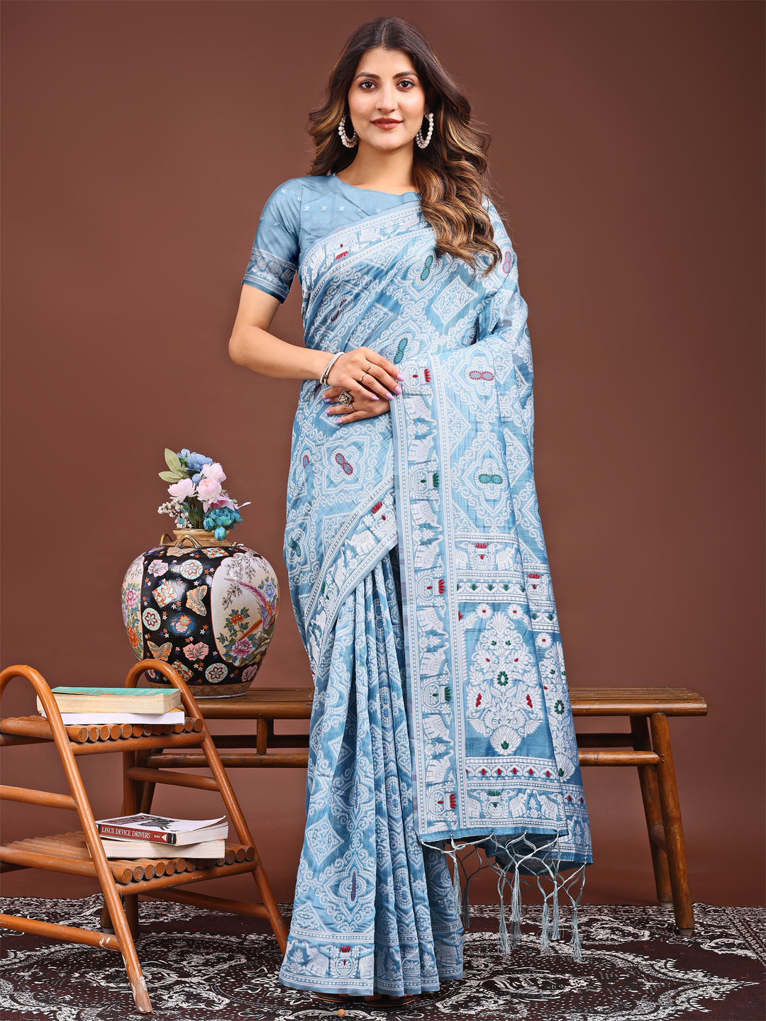 Sky Breeze – Sky Blue Linen Cotton Saree