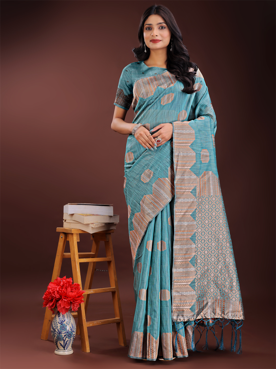 Classic Sky Blue Linen Cotton Saree – Ideal for Office & Casual Wear