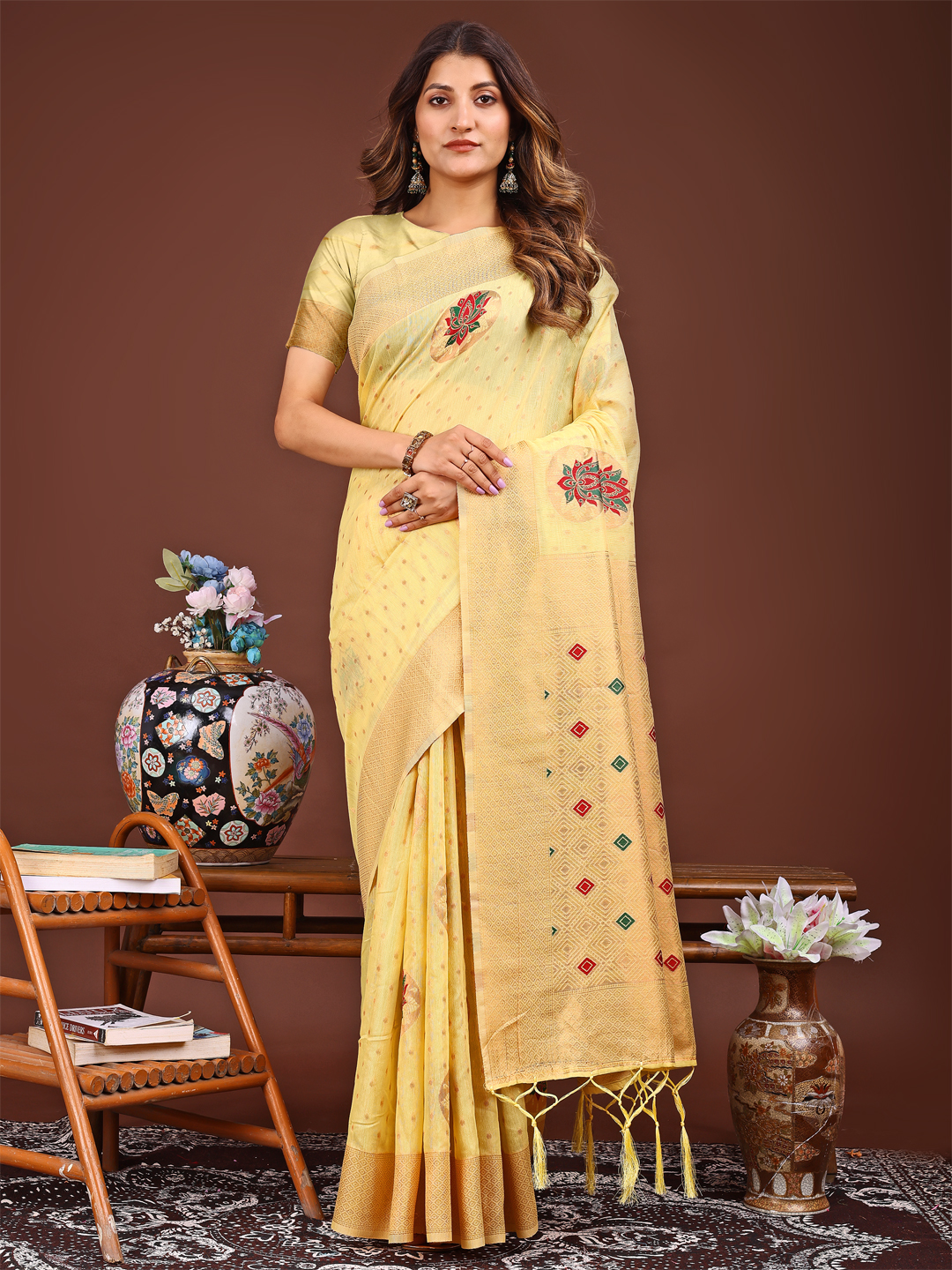 Vibrant Yellow Linen Cotton Saree