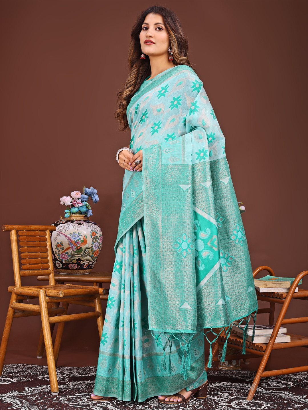 Waves of Elegance Sea Green Linen Cotton Saree