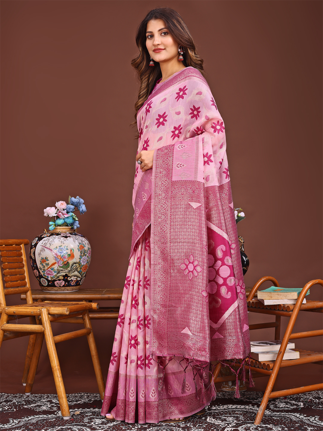 Soft Charm Pink Linen Cotton Saree