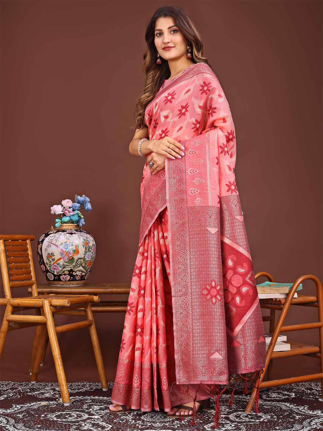 Peach Glow Linen Cotton Saree