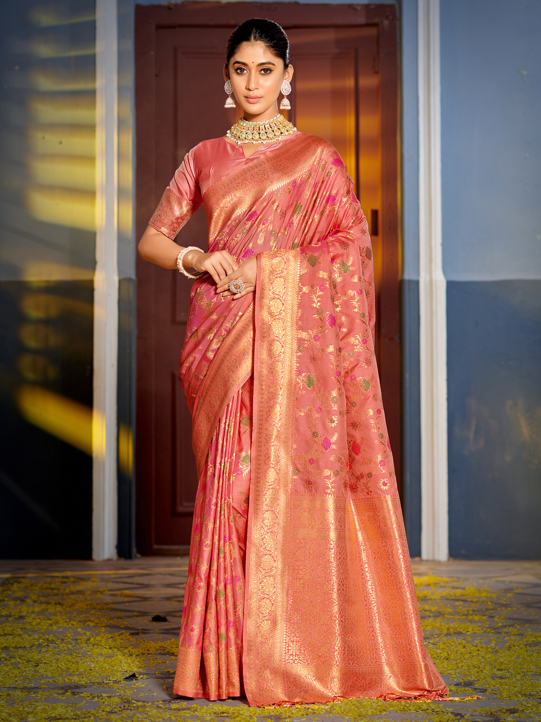 Radiant Peach Banarasi Silk Saree with Antique Gold Border