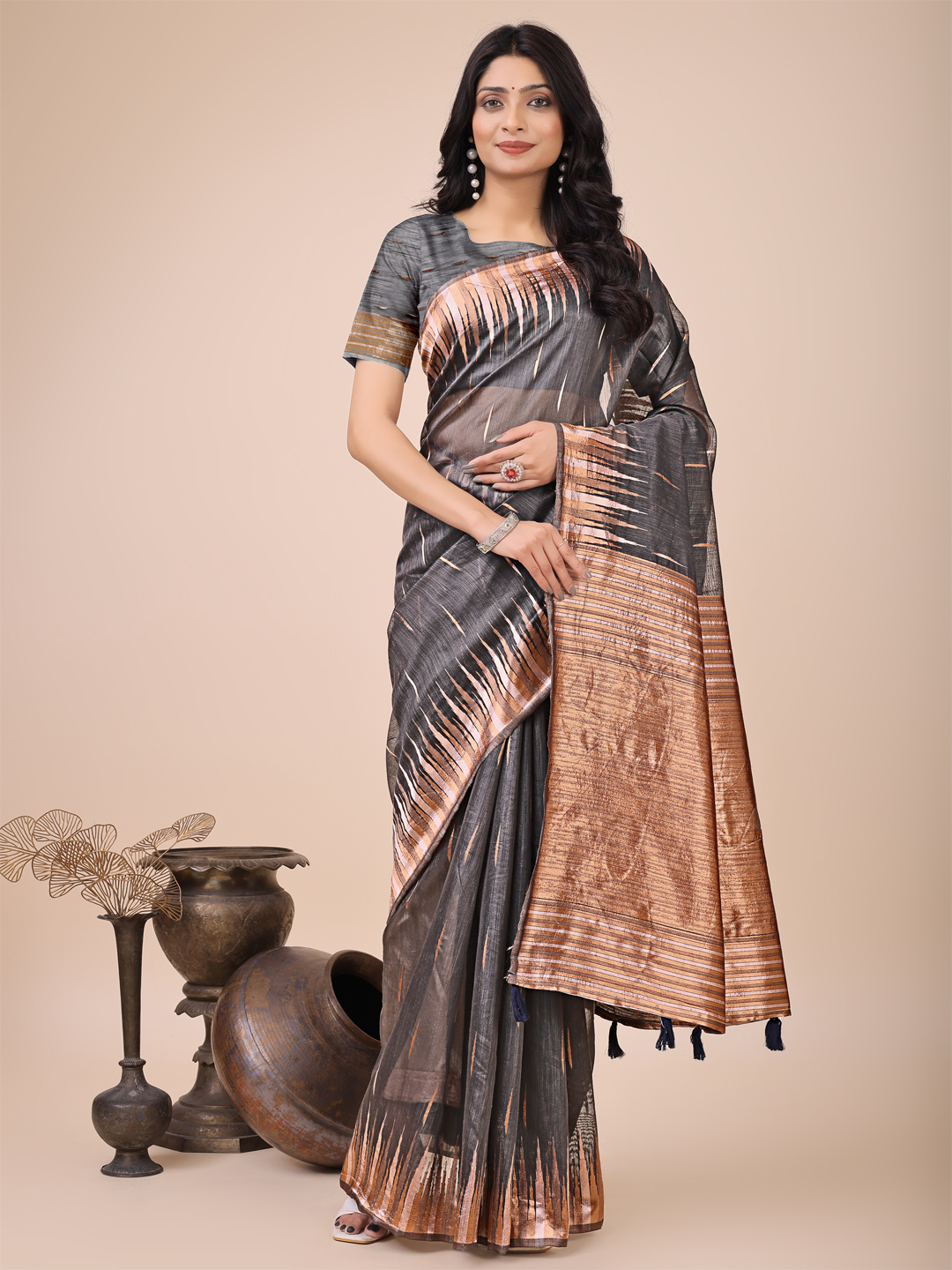 Minimalist Grey Linen Cotton Saree for Everyday Grace