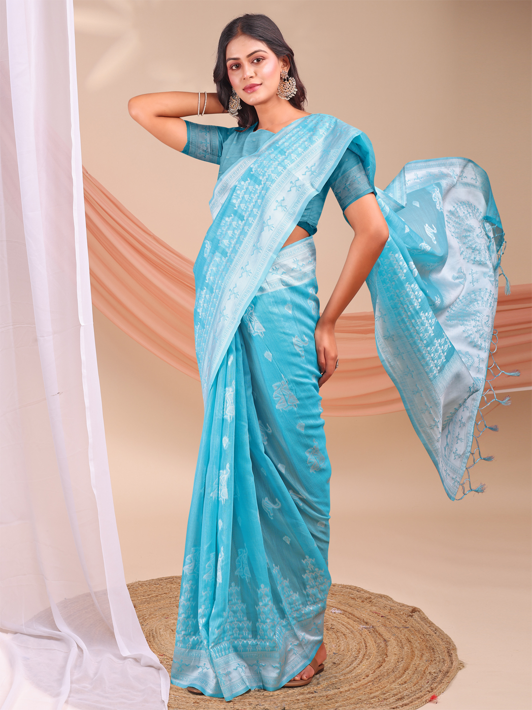 Soft Sky Blue Linen Cotton Saree with Modern Simplicity